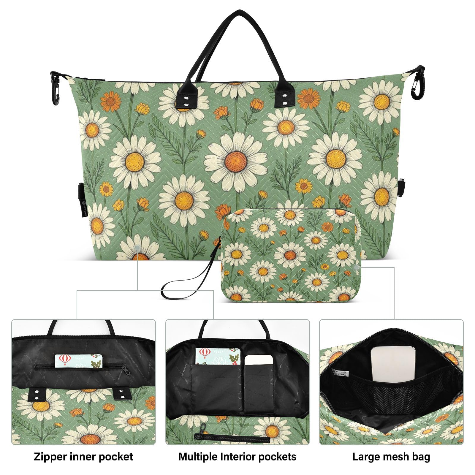 Zestaw toreb bagażowych podwójny zestaw toreb pełny nadruk siatkowa kieszeń solidna weekendowa wycieczka, Daisy Bloom, One Size, Klasyczny