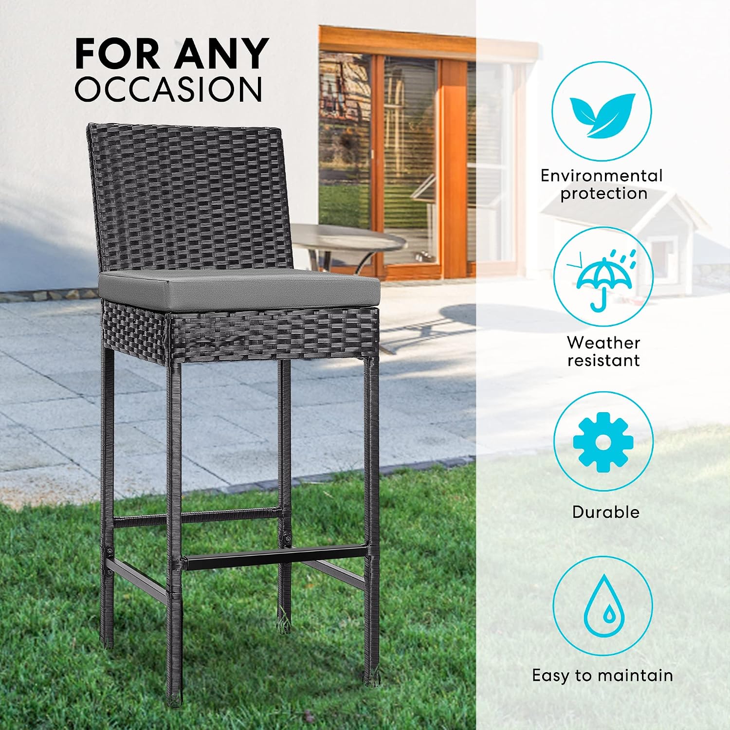 VIVOHOME Outdoor Wicker Barstool 4 Packs, Bar Chairs PE Rattan Materail, Patio Stools with Cushions, Black