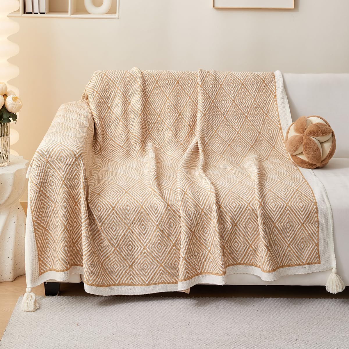 AIVIA Boho Chair Bed Throw Blanket, Polyester Knitted Bohemian Throws Blankets with Geometric Stripes for All Seasons Knit Couch Sofa Throw Blanket for Foot of Bed 50”x60” Khaki White