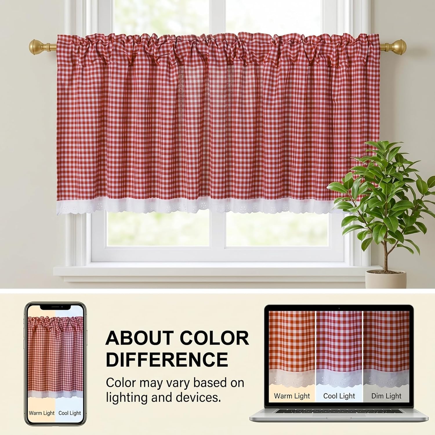Farmhouse Valance Curtains, Cotton Kitchen Valance Rustic Style Window Valance Half Curtain for Living Room Bathroom Cafe, Rod Pocket, Red White Gingham Plaid, 59 X 16 Inch