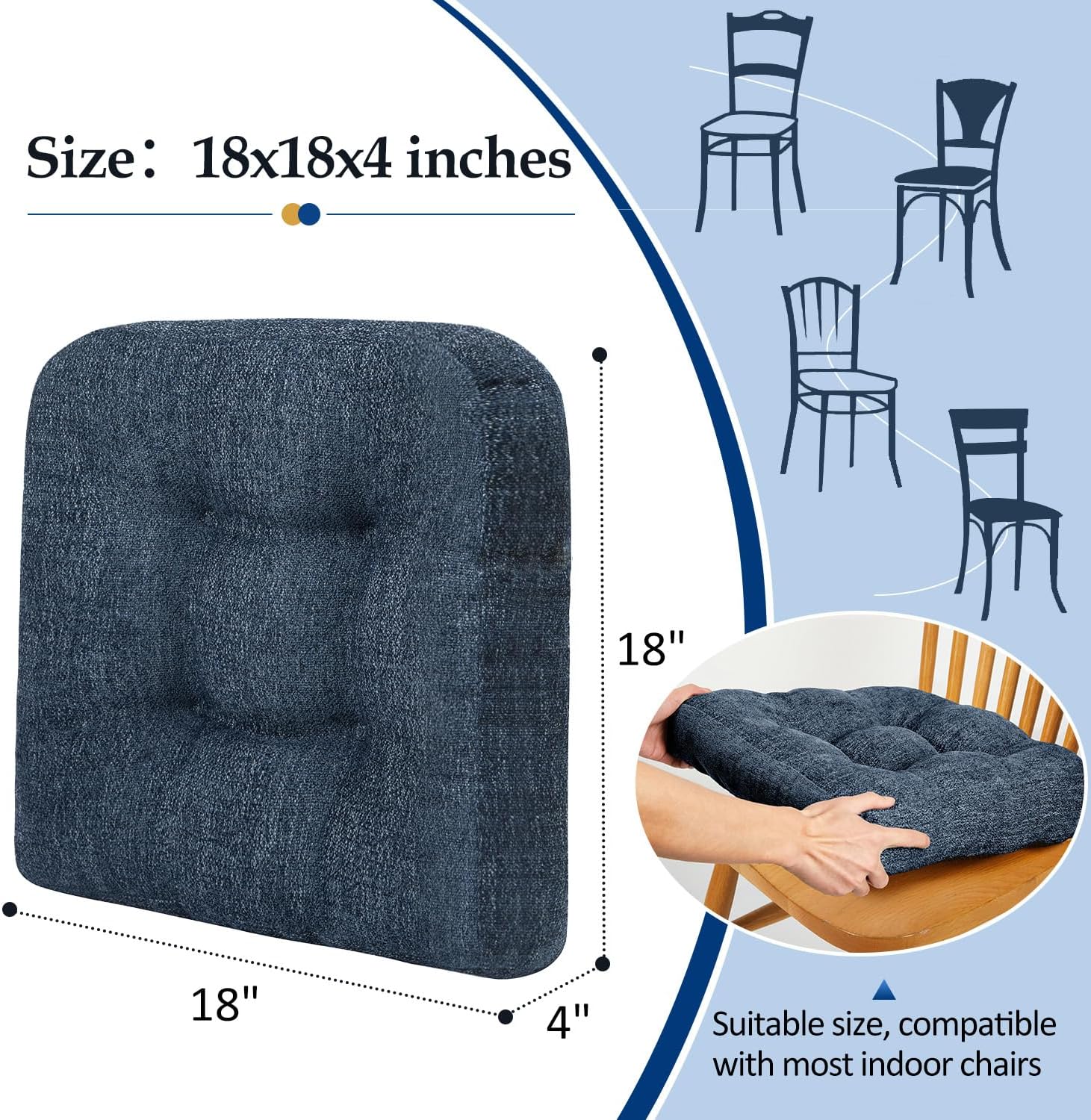 downluxe Chair Cushions for Dining Chairs 2 Pack, Tufted Indoor Chair Pads with Non-Slip Bottom, U-Shaped Kitchen Chair Cushions, 18"x18"x4", Navy image 4