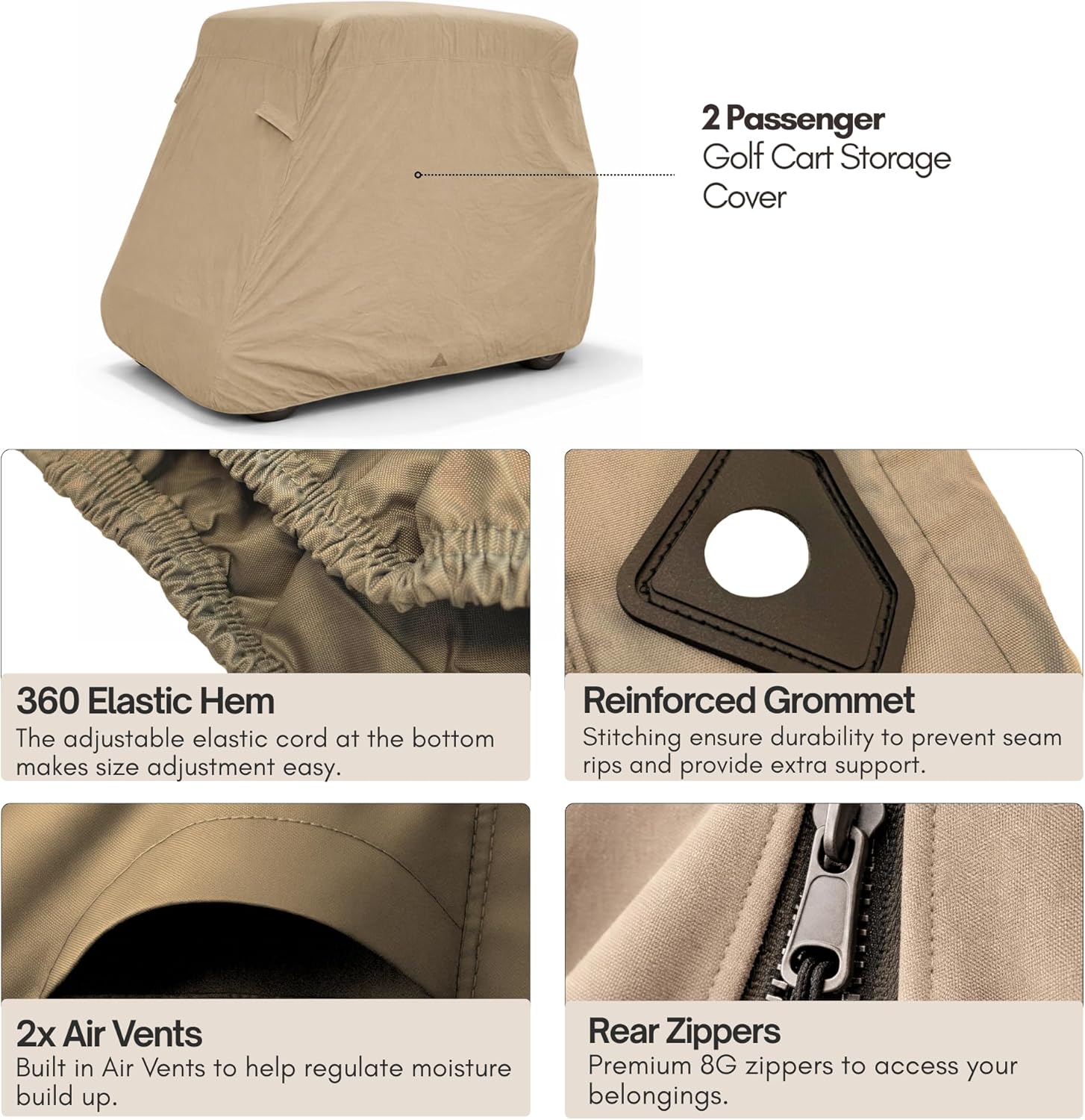 Formosa Covers Deluxe 2 Passenger Golf Cart Cover | Heavy Duty Waterproof Outdoor Storage Cover for EZGO, Club Car, Yamaha, Also fits Organic Transit's Elf - Taupe