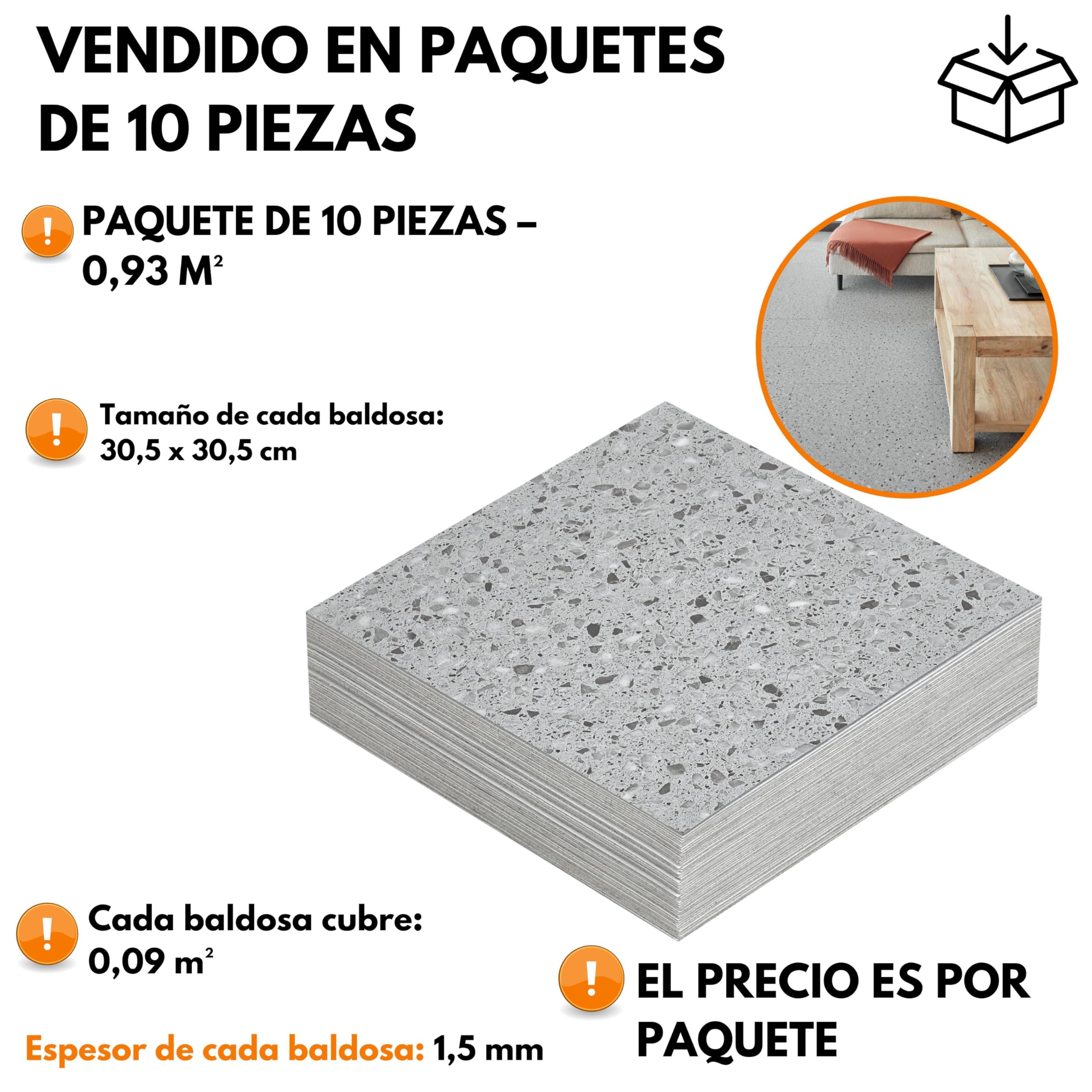 Suelo Vinilo Autoadhesivo Impermeable – Paquete de 10 Losetas Cuadradas, Cubre 0,93 m² – Cada Losa Adhesiva 30,5 x 30,5 cm – Suelo Vinílico Autoadhesivo Terrazo Gris Para Cocina, Baño y Salón