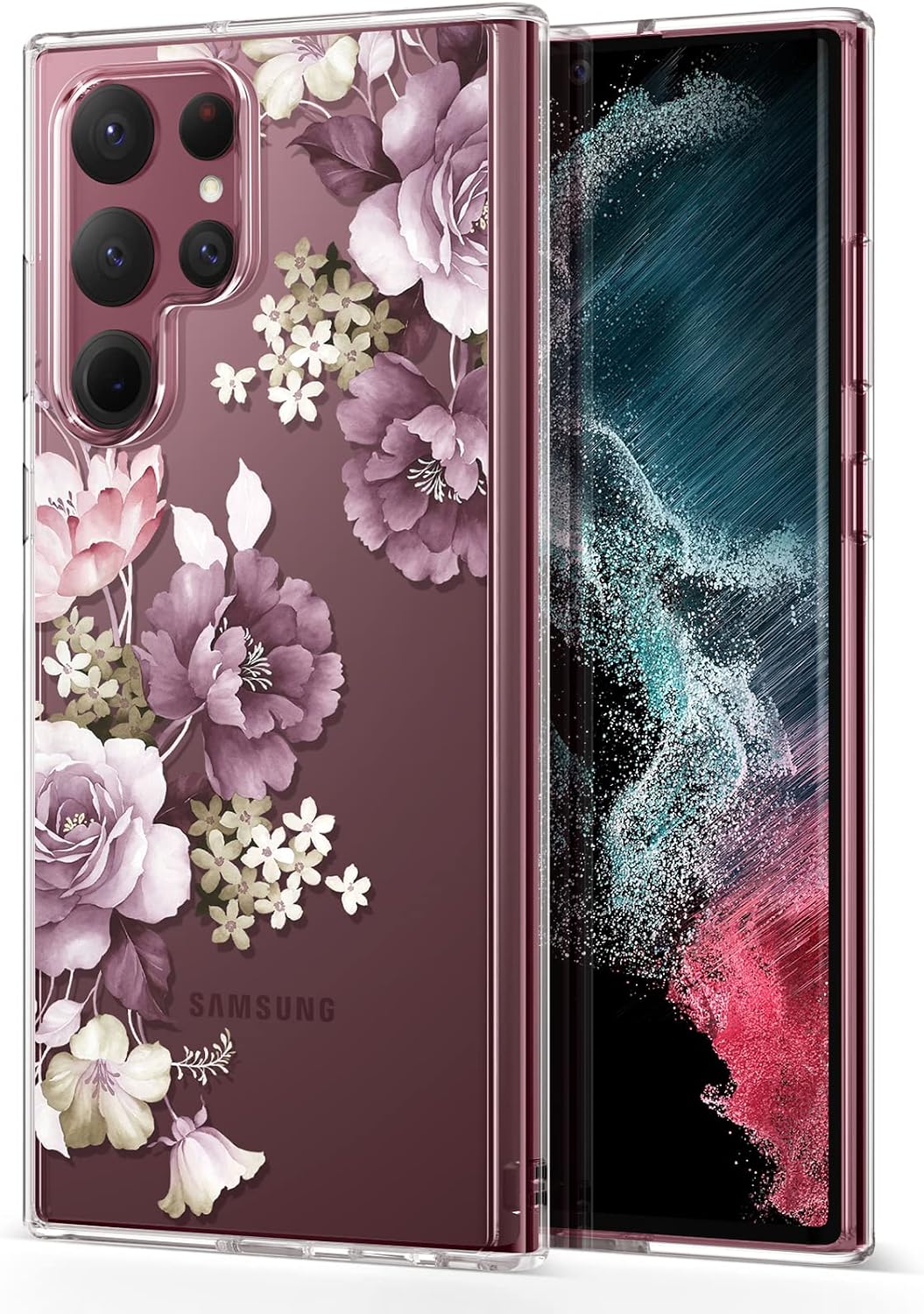 GVIEWIN Designed for Samsung Galaxy S22 Ultra Case 6.8 Inch 2022, [Not Yellowing][Military Drop Protection] Clear Slim Fit Hard PC Shockproof Protective Phone Cover Floral Designs Women(Purple)
