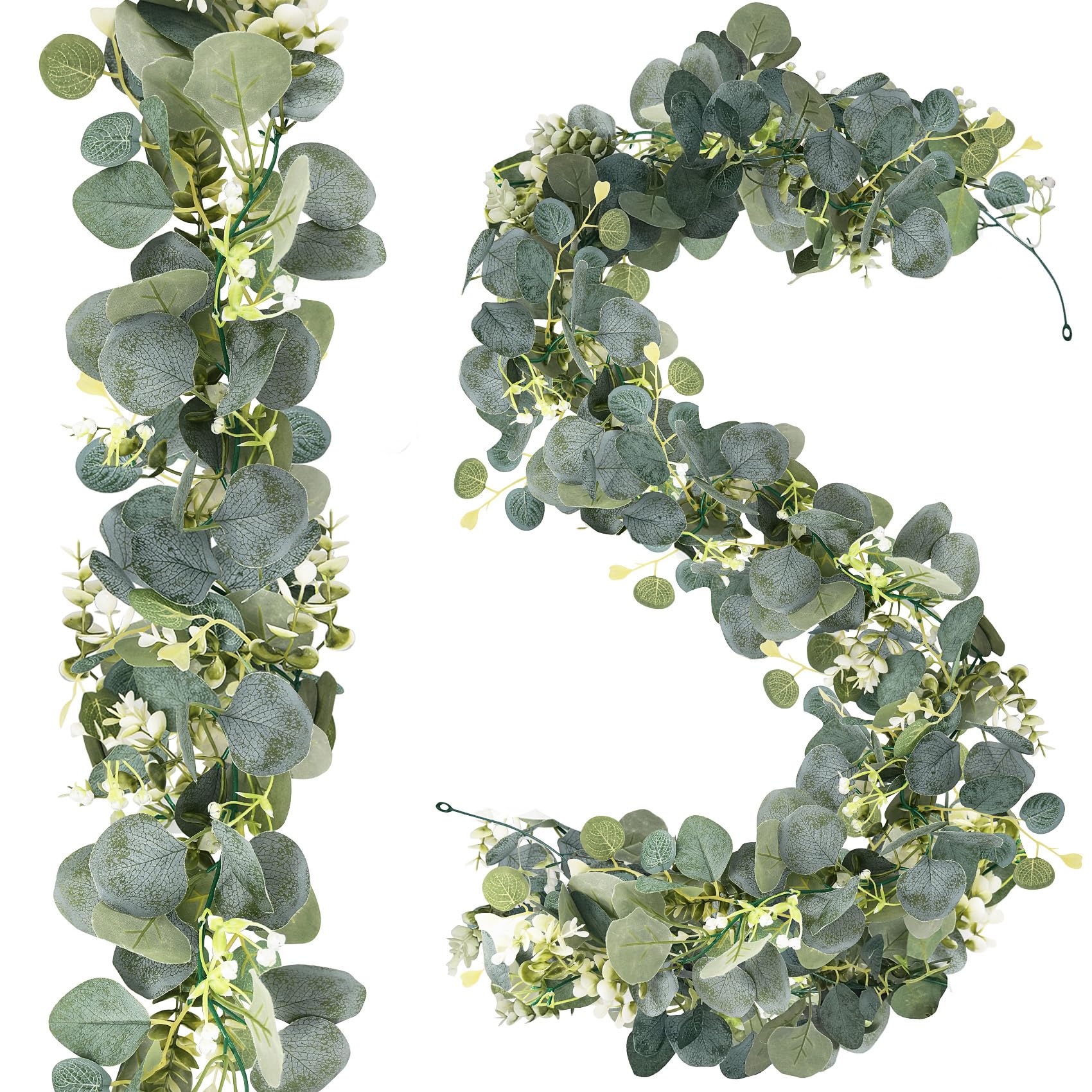 ADORAMOUR Artificial Eucalyptus Garlands - 2Pcs 180cm Length - Lush Fake Hanging Greenery Vines with White Flowers, Wedding Arch Wall Decor Bedroom Living Room Indoor Outdoor Home Decoration