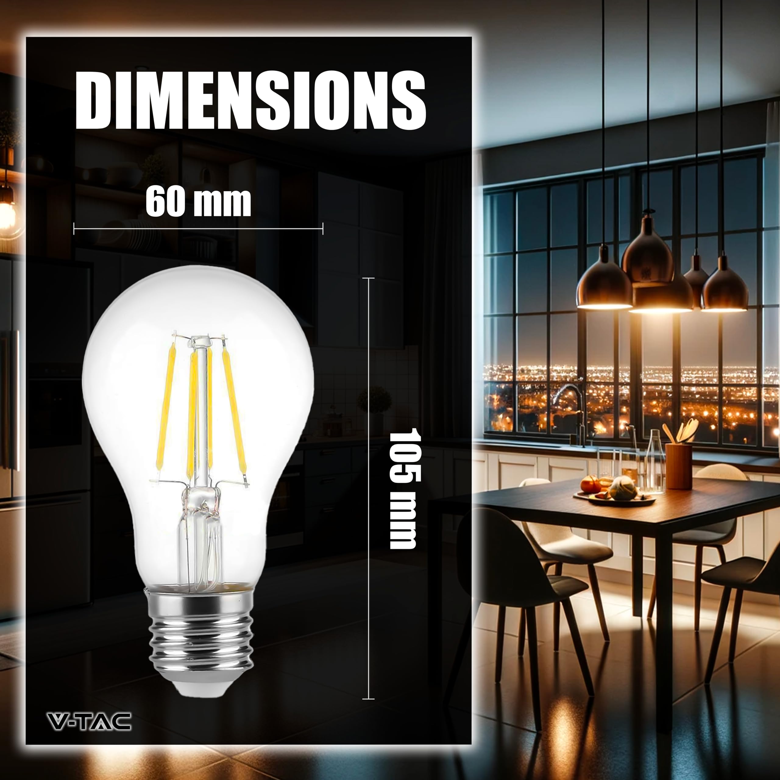 V-TAC 4x Lampadina LED a Filamento con Attacco E27 6W (Equivalenti a 45W) A60-600 Lumen - Lampadine LED Massima Efficienza e Risparmio Energetico - 4000K Luce Bianca Naturale (Confezione da 5)