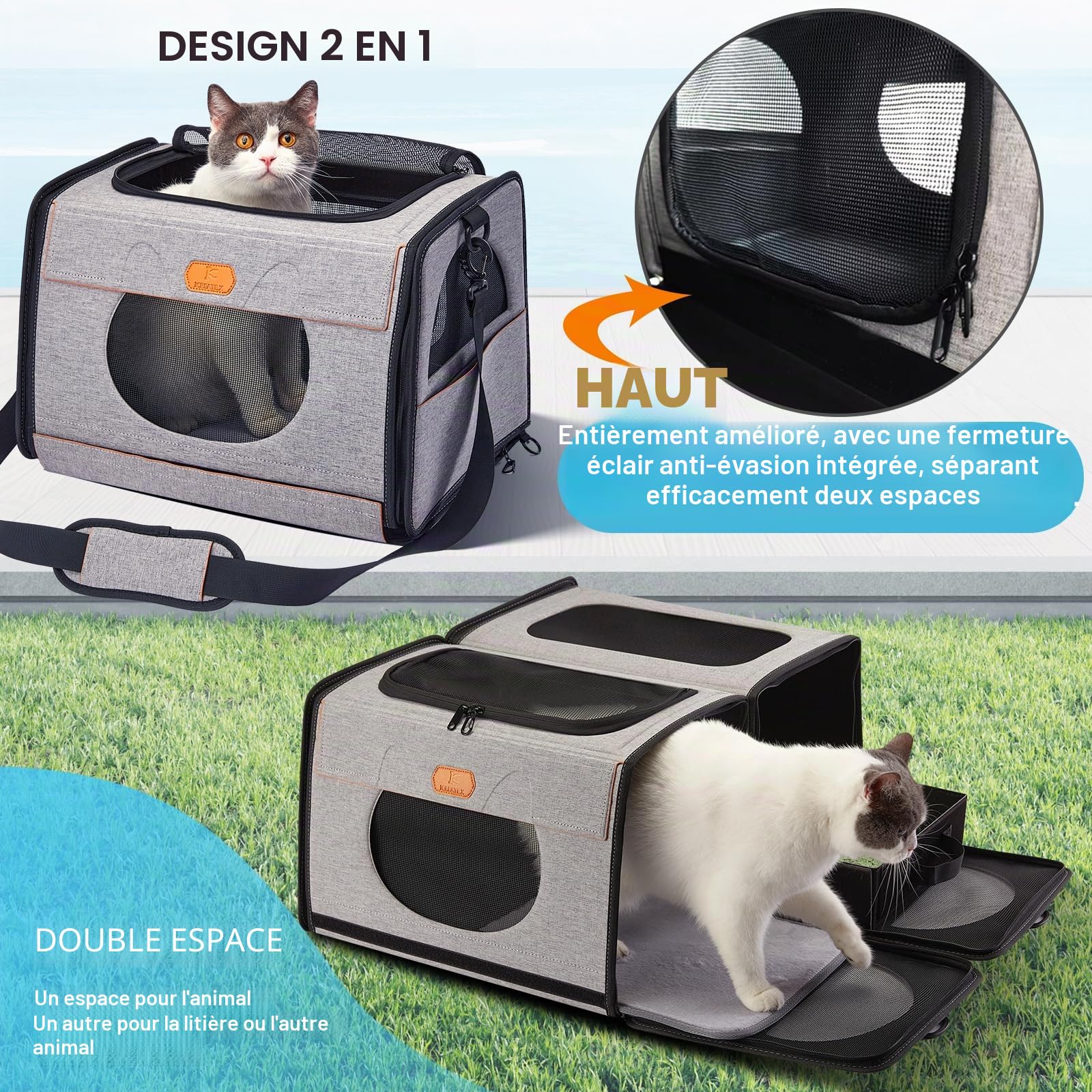 IC ICREATE.X Grand Sac de Transport pour Chat, litière de Voyage pour Chats, Cage Pliable pour Chien, Une pour litière et Cage Souple 2 en 1 Double Sac de Transport pour Animaux de Compagnie
