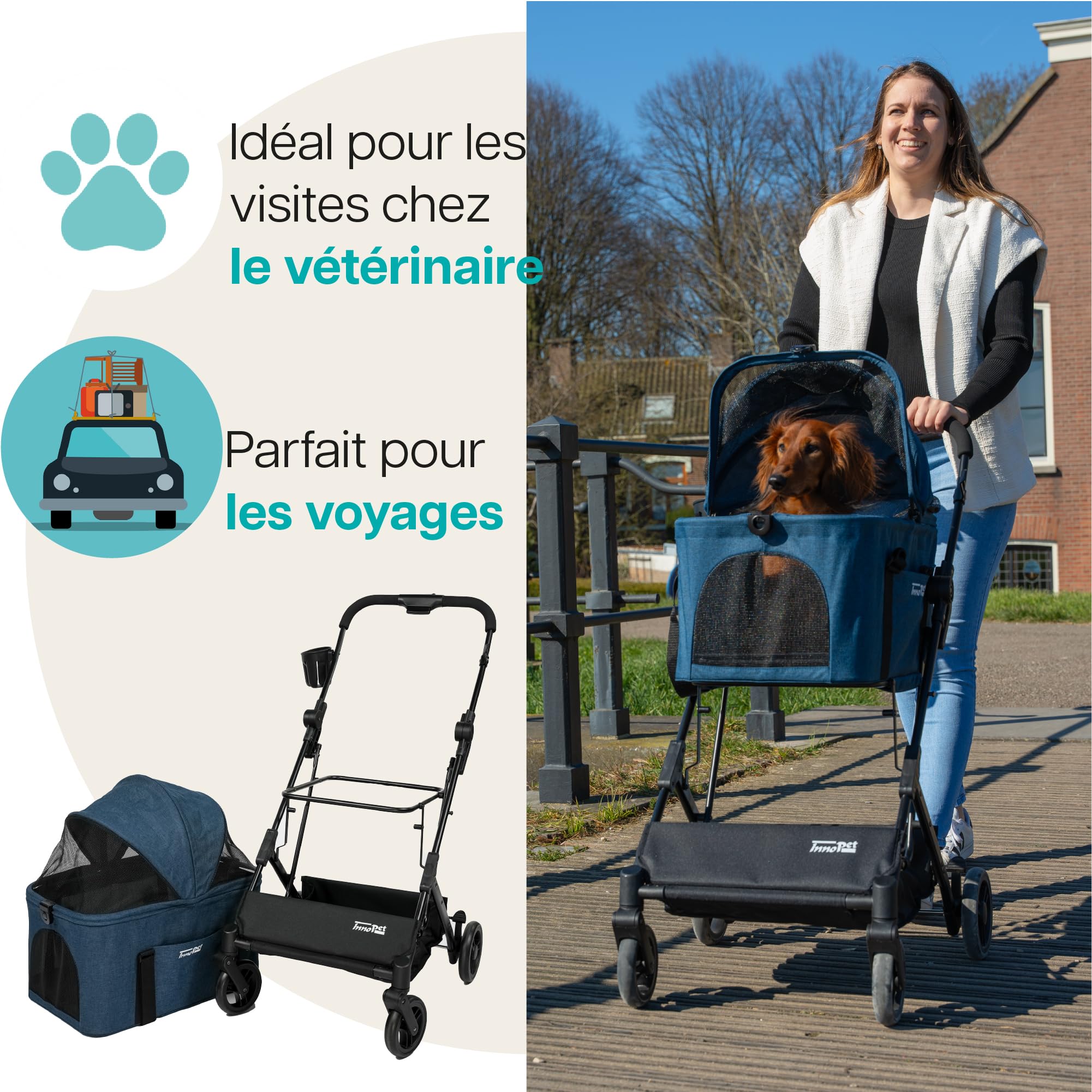 Poussette compacte 2 en 1 Innopet pour chiens et chats - Poussette pliable pour animaux avec sac de transport amovible - Buggy légère pour animaux de petite et moyenne taille jusqu'à 20 kg