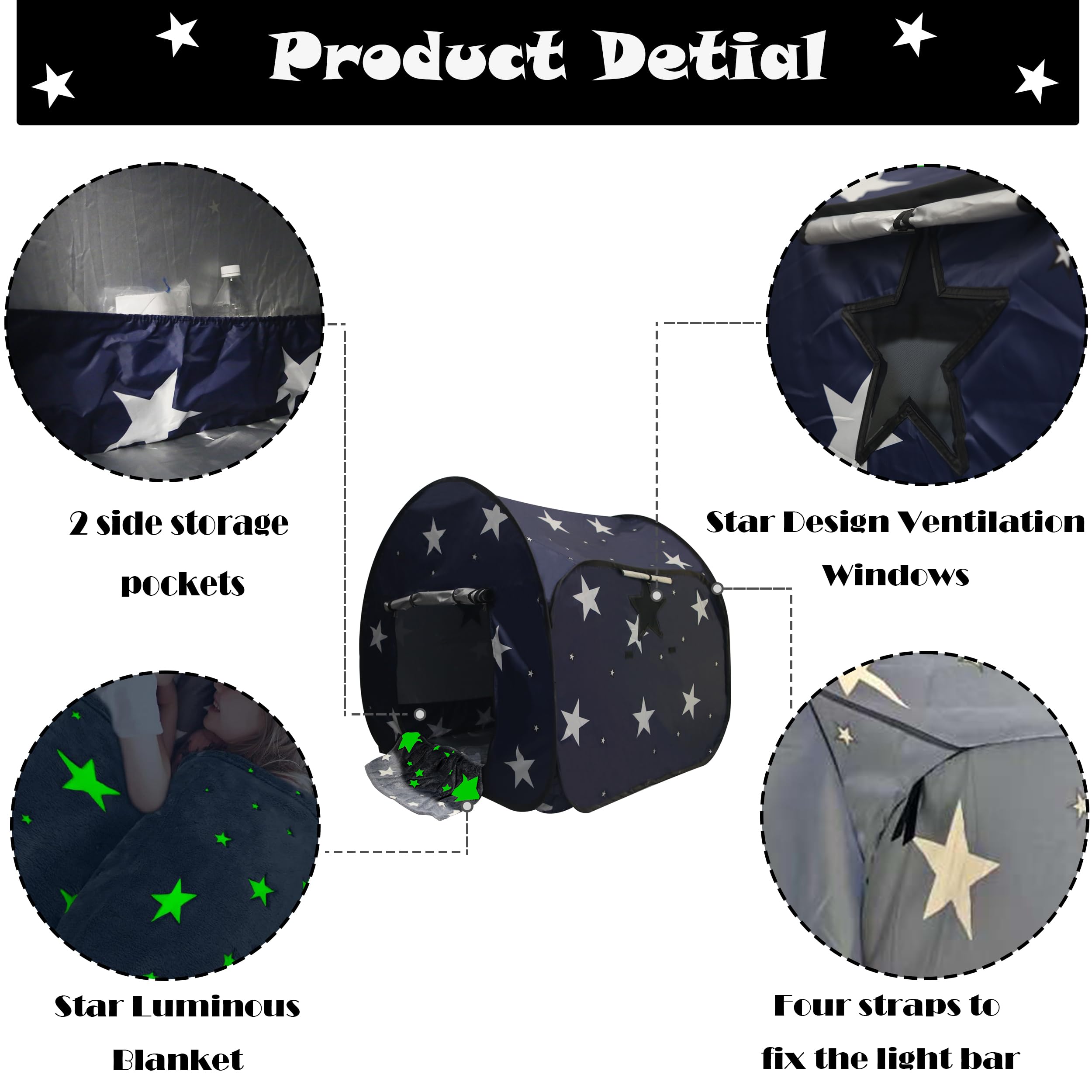 ByeAnxiety Big Sensory Tent for Kids with Autism - 47x47x47in Star Pop up Play Tent with Fluorescent Blanket Helps Autism, ADHD, SPD Kids & Adults Relax, Autistic, Play Tents with Star Bag & Window