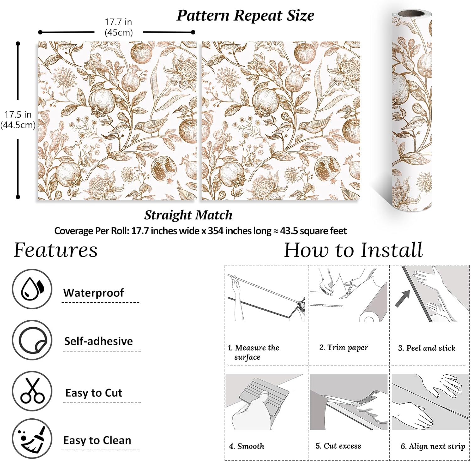 VEELIKE Gold Birds Floral Vinyl Wallpaper, Self Adhesive, Removable, Renter Friendly, 17.7''x354''