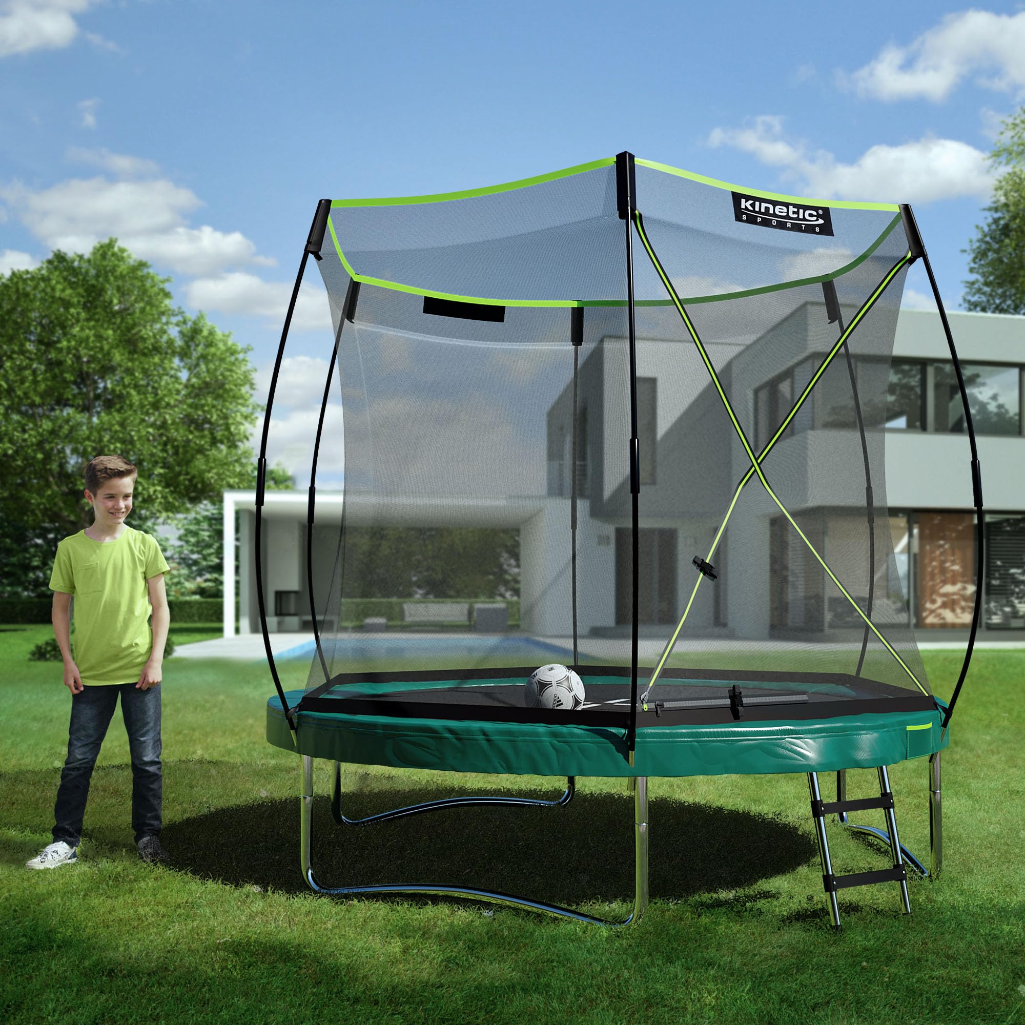KINETIC SPORTS Trampolin Federlos-Design 'Bungee Safety Elite' Ø 244/305/366 cm - AirMAXX Sprungtuch-Technologie, Ultraleise, Outdoor Gartentrampolin für Kinder & Erwachsene