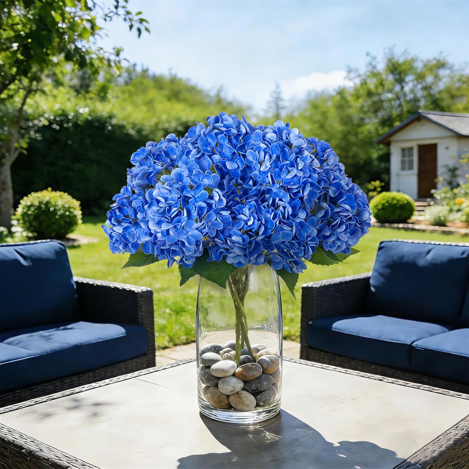 INXUGAO Artificial Flowers Fake Outdoor Hydrangea Bouquets with Long Stems, 3Pcs 18" Faux Blue Hydrangeas with Latex Real Touch for Outdoors, Wedding, Baby Shower and Party Decor