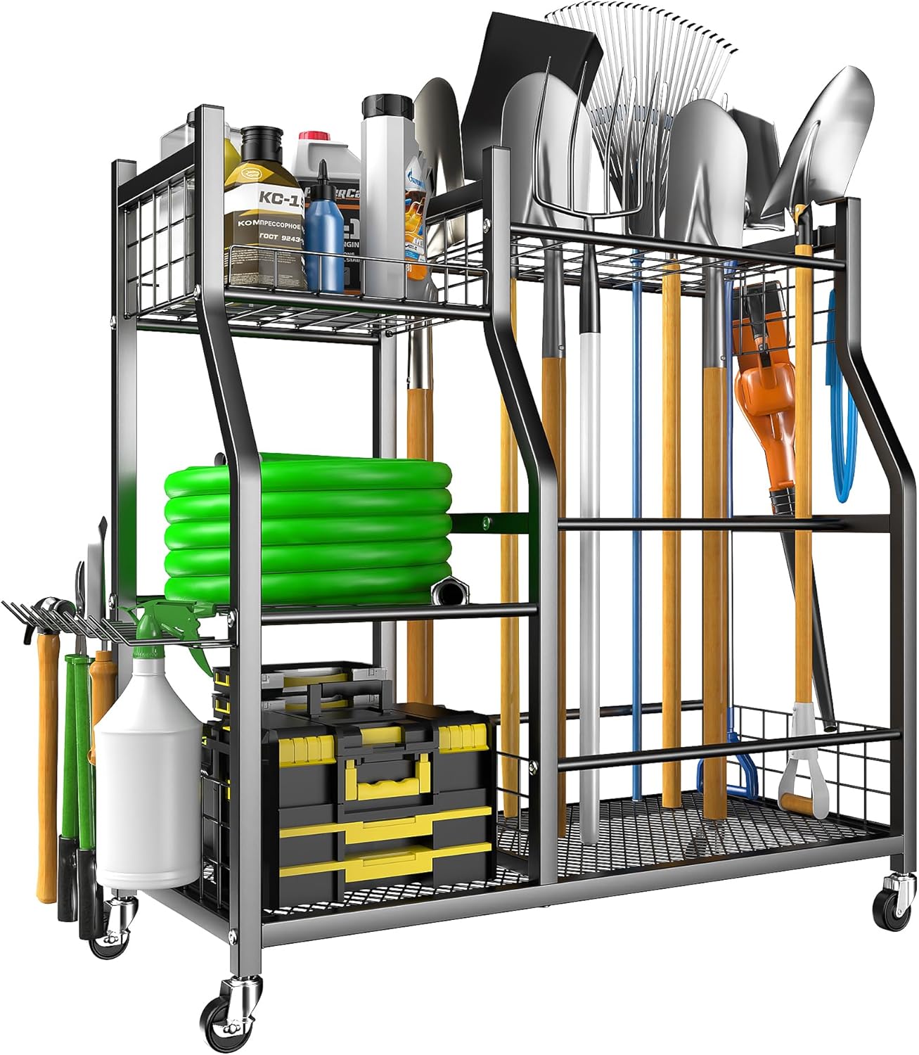 EVERHANGER Garden Tool Organizer Stand, Garage Tool Storage Organization, Yard Tool Racks with lockable wheels, Fit for Long-Handled Tools/Rakes/Brooms Large