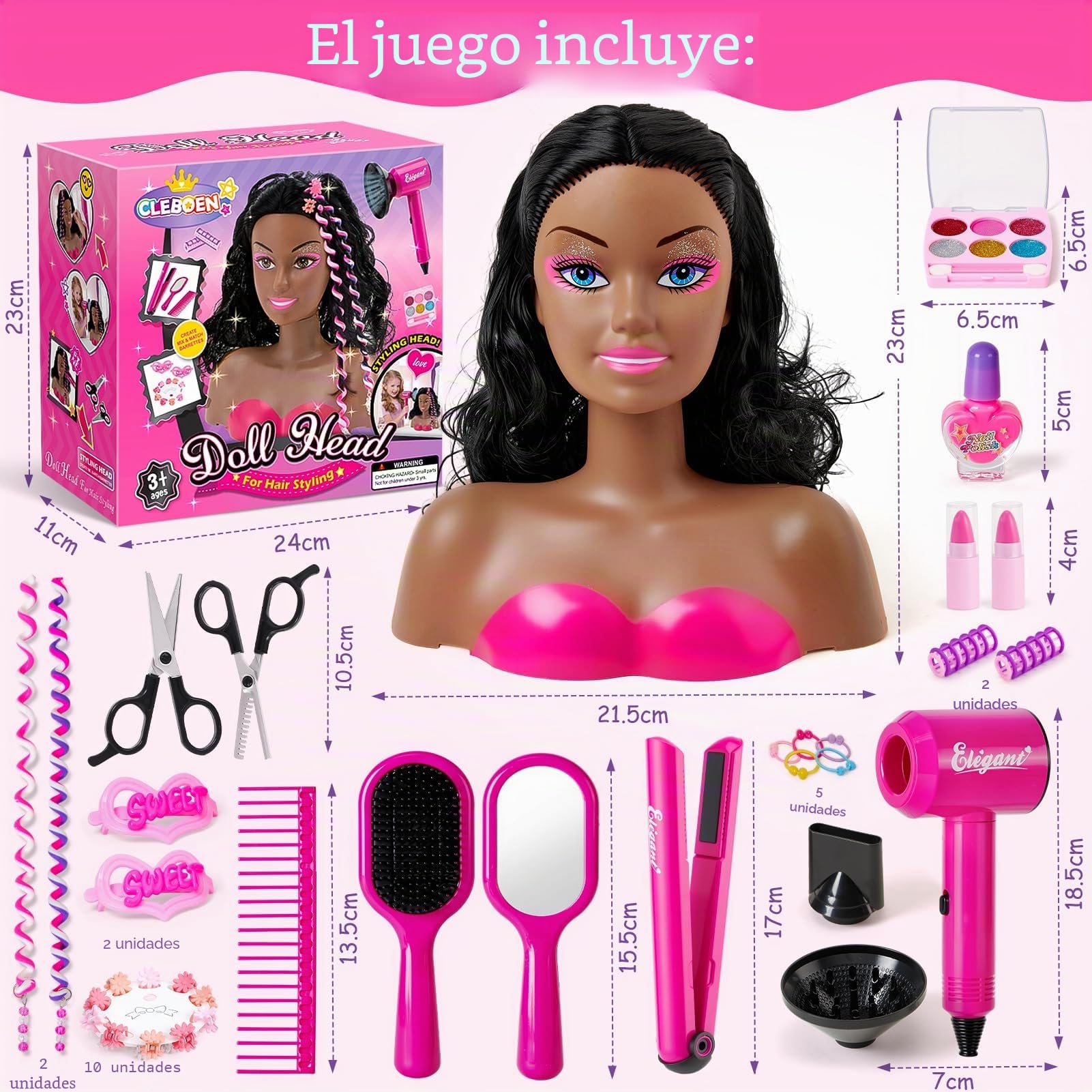 Tacobear Cabeza Muñeca para Peinar y Maquillar con Secador de Pelo Plancha Maquillaje Esmalte de Uñas Accesorios para Pelo Set Peluquería Busto Muñeca Juguete Niña Regalo 3 4 5 6 7 8 Años