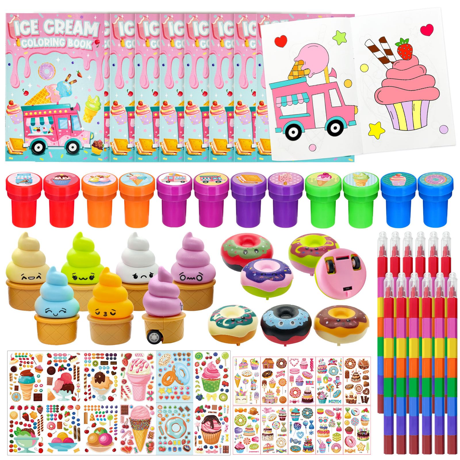Cinrobiye 72 szt. Lody Party Favors Bulk Candyland Donut Birthday Goodie Bag Fillers, Sweet Candy Party Kolorowanki z tęczowymi kredkami, zestaw do majsterkowania na letnią imprezę, wymianę prezentów