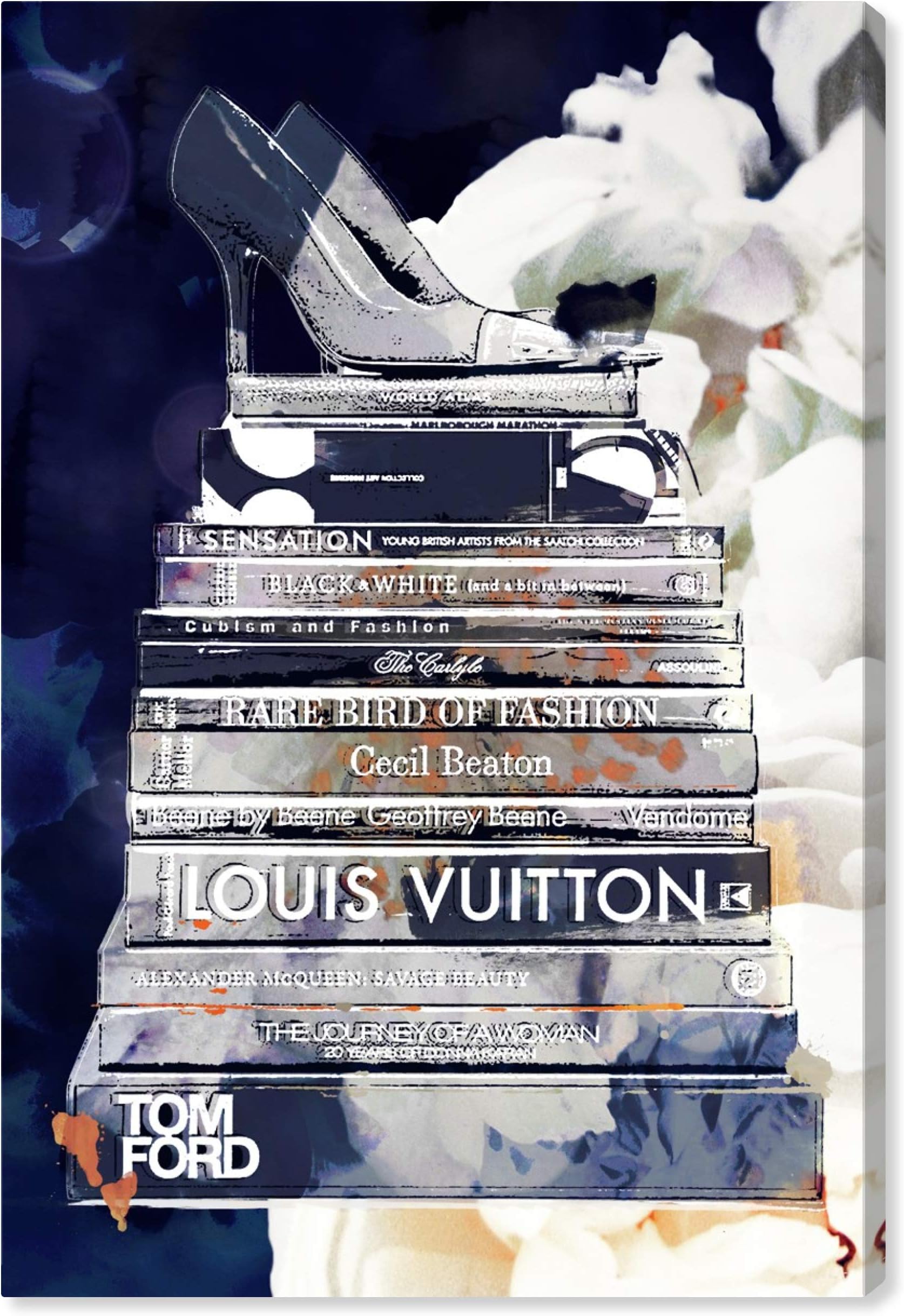 Fashion and Glam Wall Art Canvas Prints 'Deep Thoughts' Books Home Décor, 24 in x 36 in, Blue, White