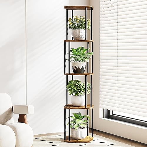 Bamworld Soporte alto para plantas de interior, estante de esquina para múltiples plantas, soportes de metal de 5 niveles para macetas para patio,