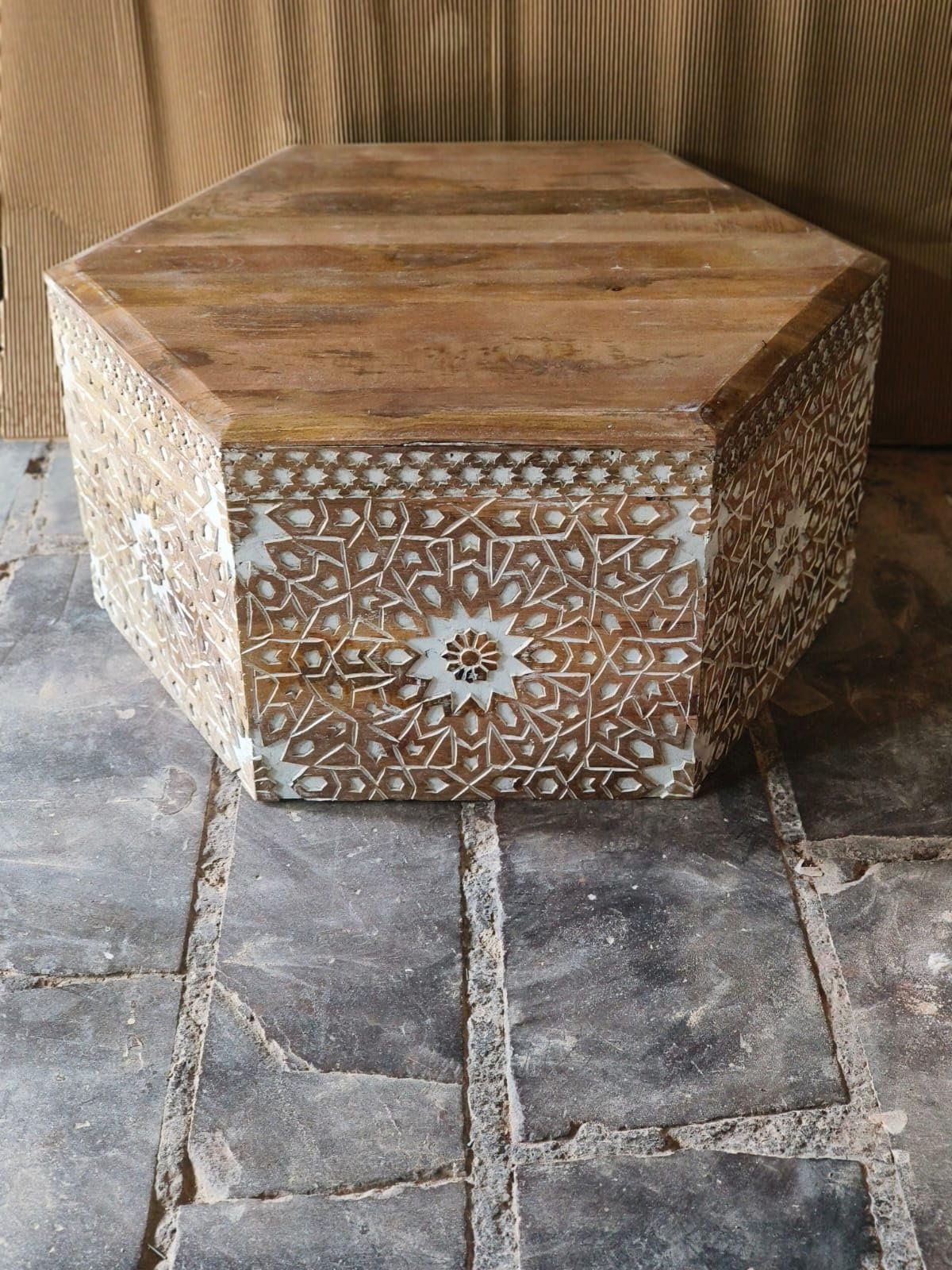 Solid Mango Wood Hexagonal Coffee Table with Hand-Carved Geometric Design | Wooden Centre Table for Living Room | Distressed Natural Finish | 90 x 90 x 43 cm-image-1