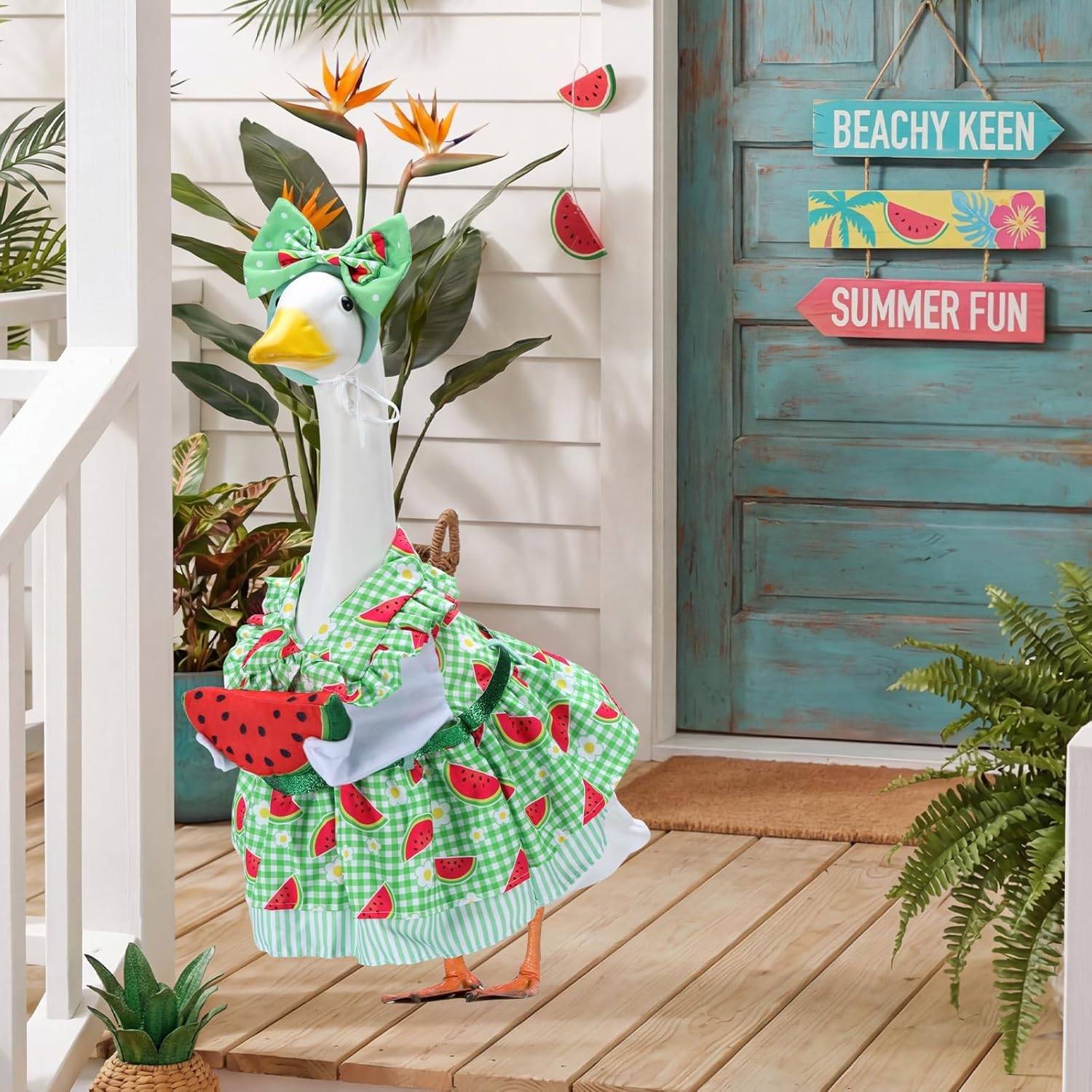 Summer Porch Goose Outfits for 23 Inch Lawn Statue, Watermelon Costume for Plastic/Cement Statue, Duck Sculpture Clothes for Spring Yard Patio Party Decoration