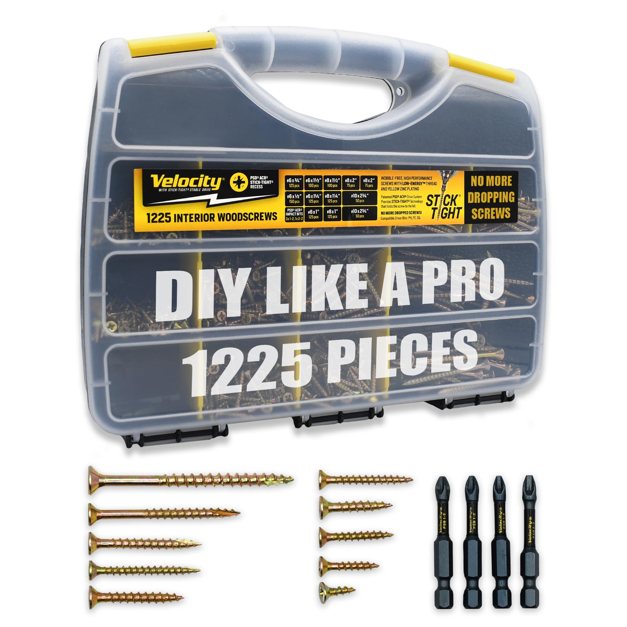 Sponsored Ad - Velocity Interior Wood Screws Assortment Kit in 10 Sizes, Stick Tight Technology, Zinc Plated Carbon Steel, 4 PSD ACR Drive Bits, Set Screw Assortment Kit Storage Organizer (1225 Pieces)