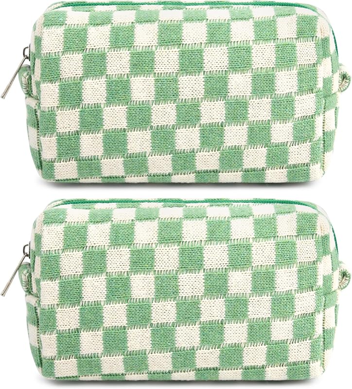 Necessaire retangular SOIDRAM xadrez Sage Green com zíper, Pacote com 2