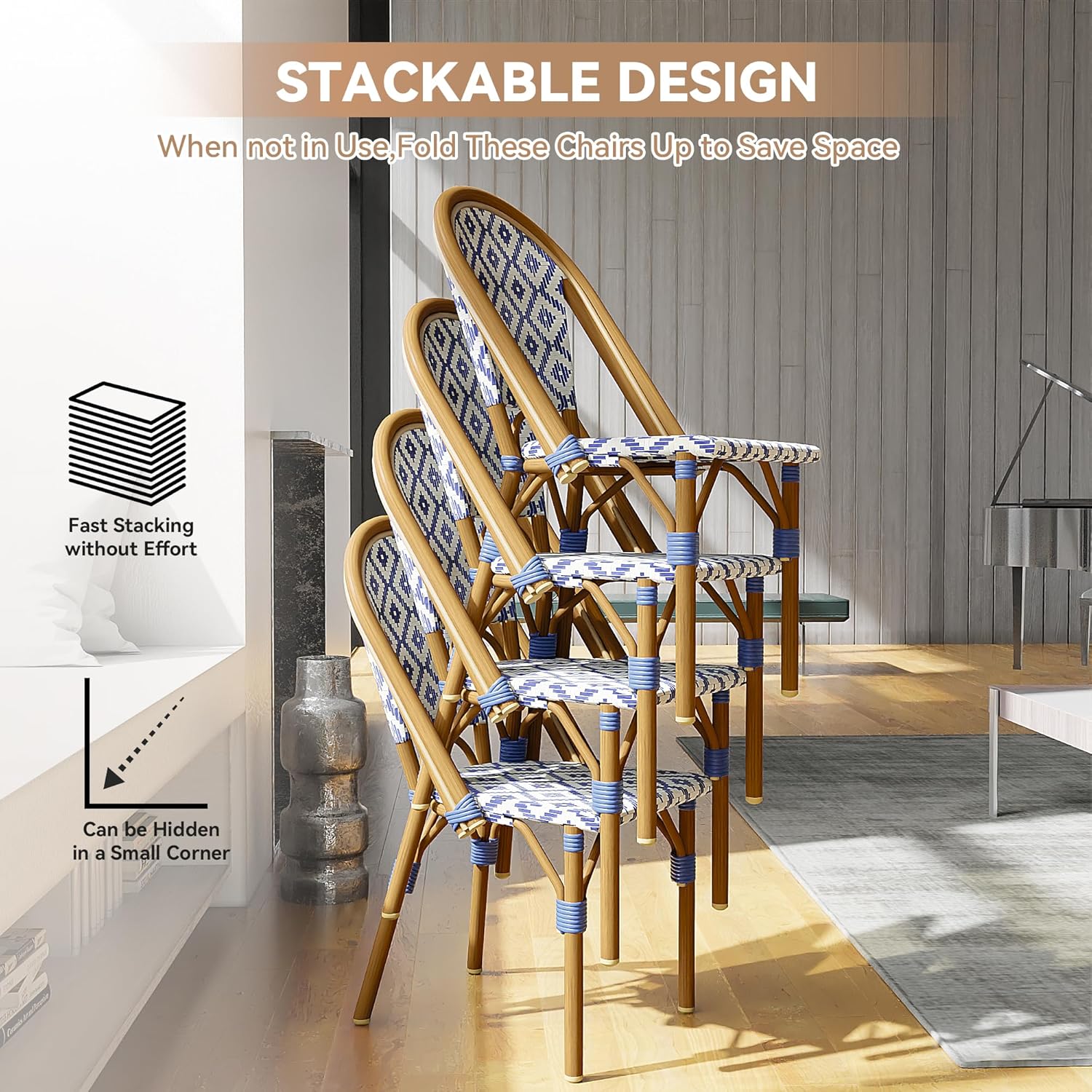 Bistro Chair Set of 6, Outdoor Armless Patio Dining Chairs with Hand-Woven Rattan, Stackable Wicker Style Dining Chairs with Wide Seat and High Back for Dinning Room, Indoor, Outdoor, Restaurant
