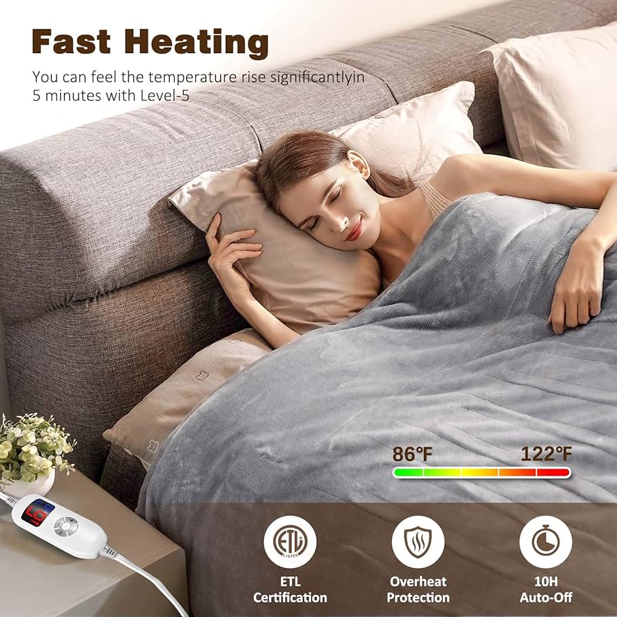 THERMASNUG Electric Heated Blanket, King Size, 10 Heat Settings, Auto Shut- Off, Machine Washable, Charcoal, 100"x90