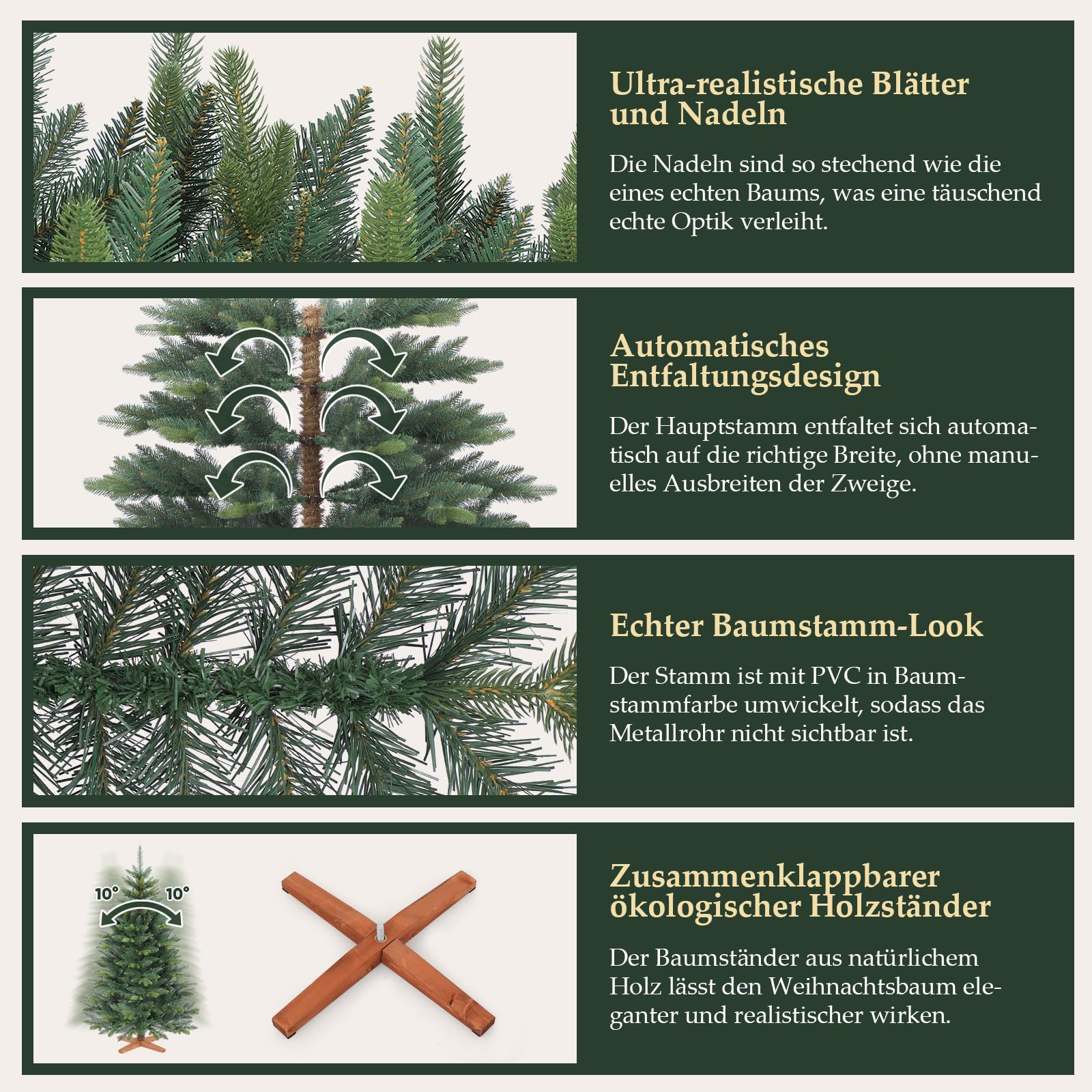 SALCAR 180cm Künstlicher Weihnachtsbaum Premium, Nordmanntanne mit Holzständer, Realistische PE+PVC Tannenbaum, Einfacher Aufbau für Ihre Weihnachtsdekoration