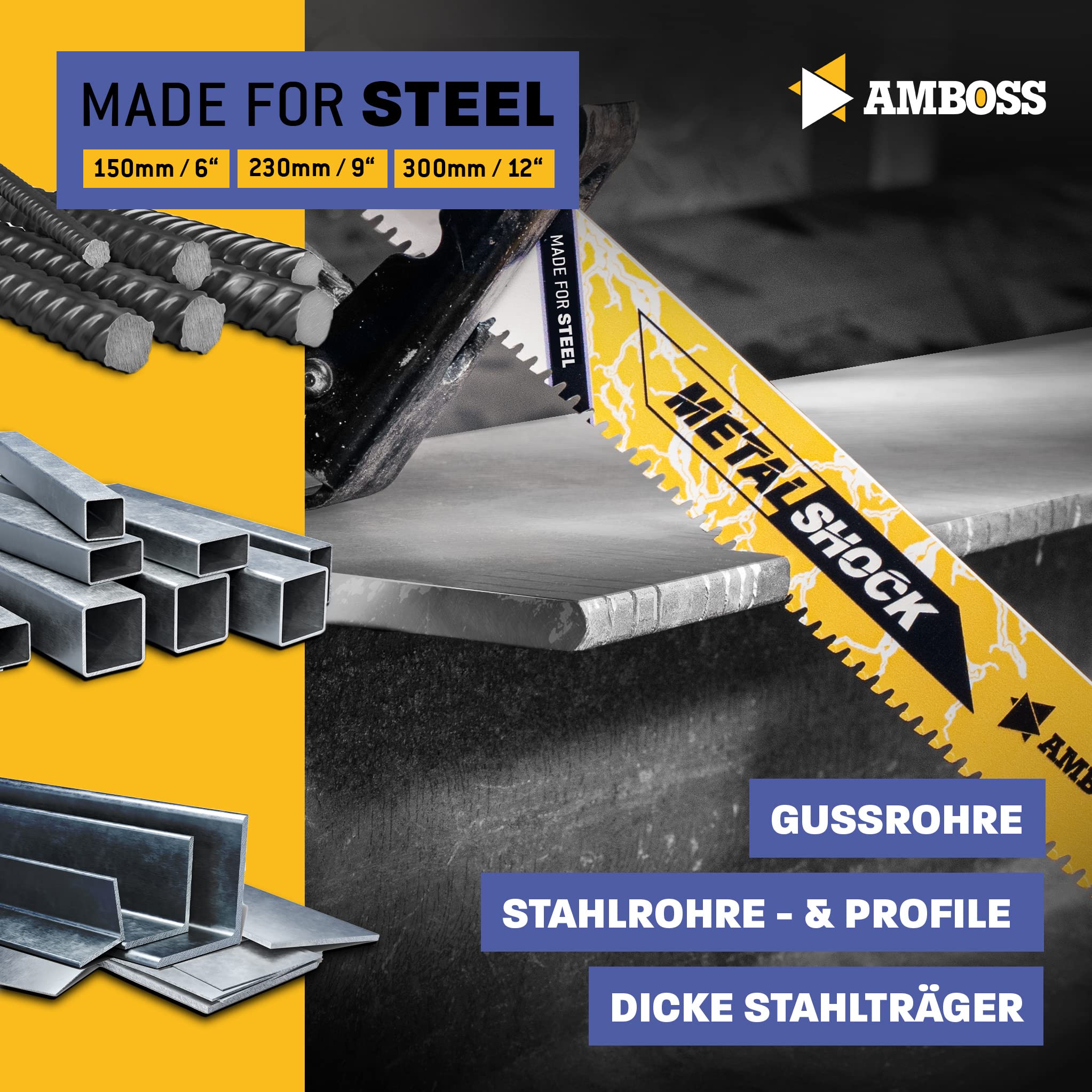 AMBOSS METAL SHOCK - 10x Säbelsägeblatt Länge 150 mm / 8 ZpZ - ideal für Abriss/Fahrzeugrettung/Aufbau/Demontage/Rohrleitungsbau - geeignet für Stahl (Rohre/Profile/Träger) sowie Gussrohre