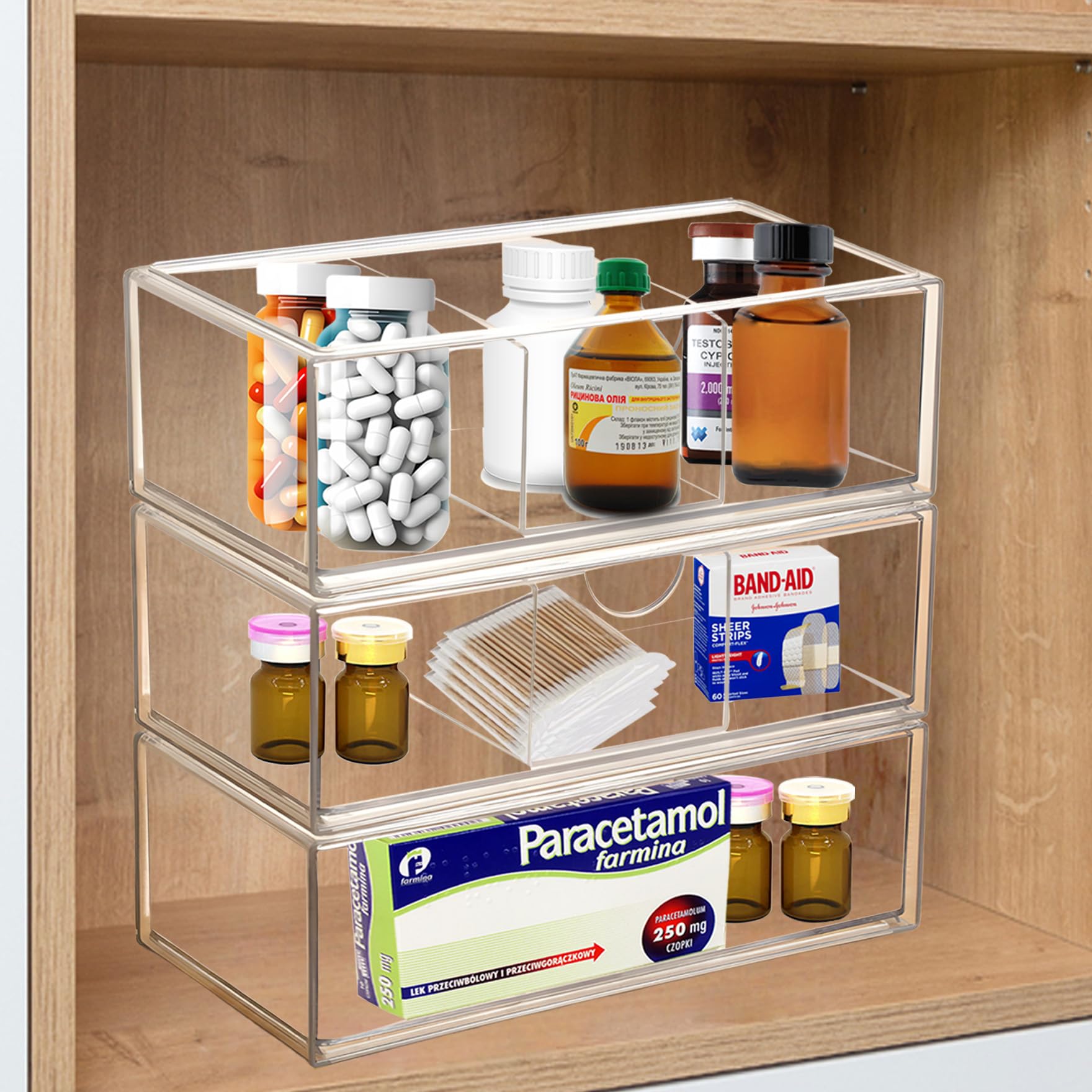 Klmnop 3 Pack Medicine Cabinet Organizer, Plastic Stackable Bathroom Storage Holder with Removable Dividers, Shelf Trays for Wall Cabinet, Vanity,