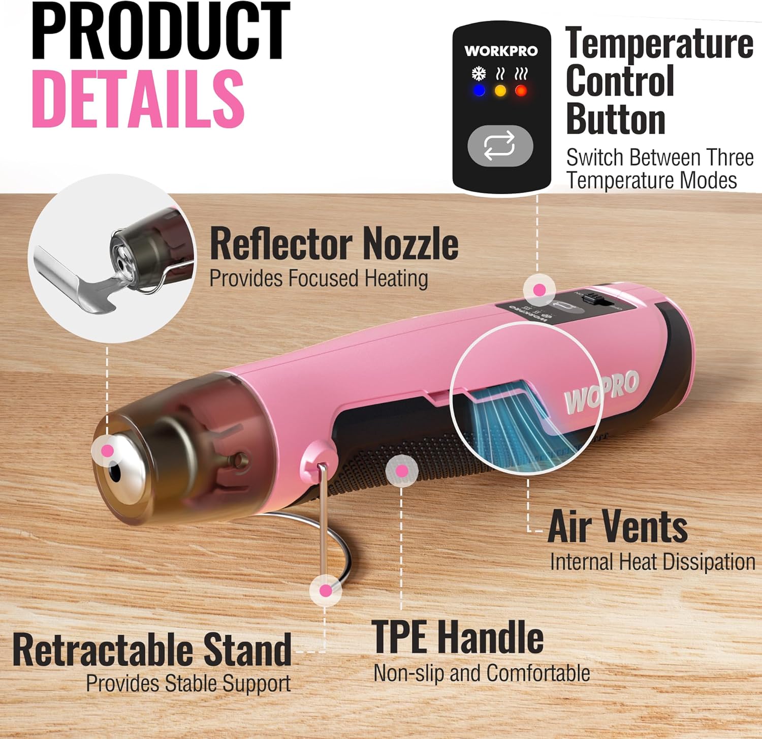 WORKPRO 7.2V Cordless Mini Heat Gun for DIY Crafts, 4000mAh Hot Air Gun, 1.5s Fast Heating, 3 Temp Settings (Cool/572°F/842°F), USB-C Rechargeable, Perfect for Crafts & Decorations - Pink Ribbon