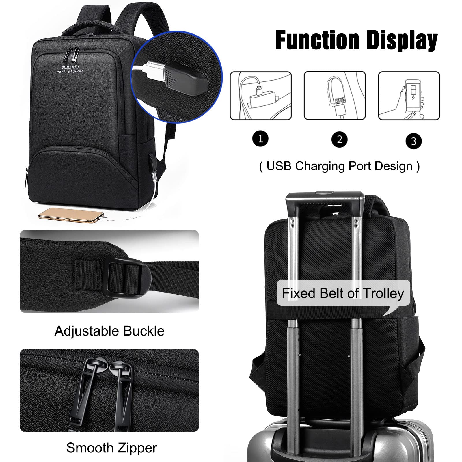 FANDARE Herren Rucksack Laptop Daypacks für 15,6 Zoll Laptop Wasserdicht Schulrucksack mit USB-Ladeanschluss Rucksäcke zum Business Arbeit Reise Schulranzen Daypacks Schwarz