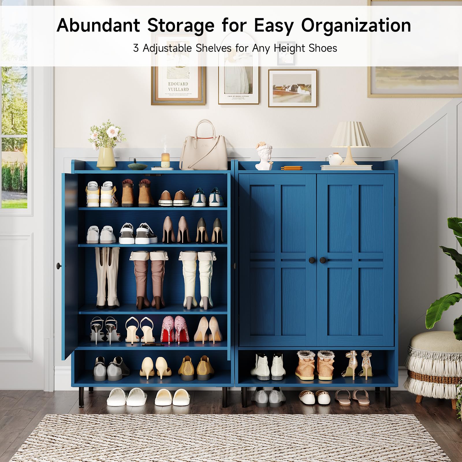 ONBRILL Shoe Cabinet with Cross Molding Doors, 6-Tier Shoe Storage (Blue)