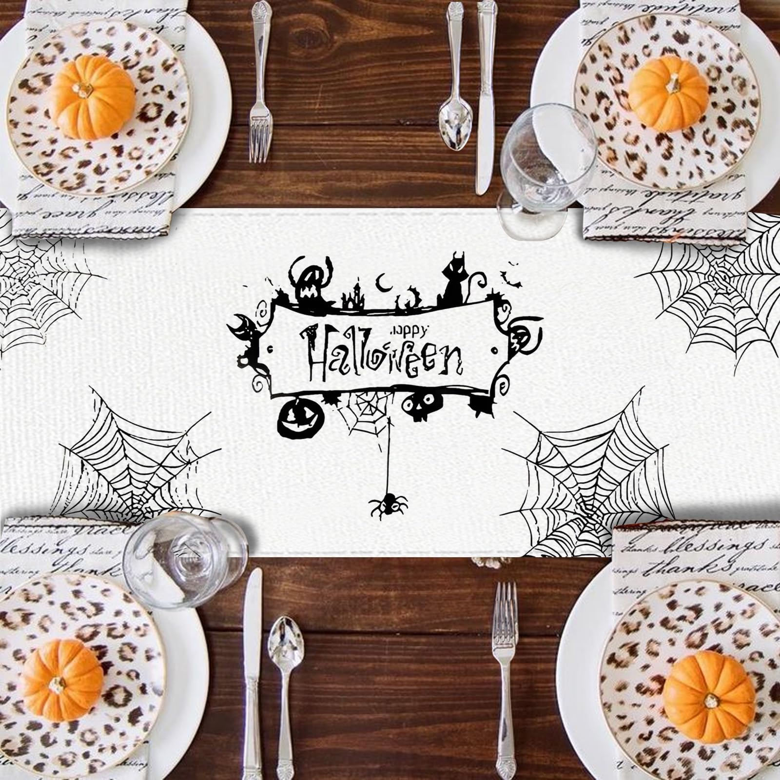 Halloween Tischläufer – 183 X 33 Cm, Kürbis-Geist & Spinnennetz-Muster, Aus Polyester, Für Tisch & Kaminsims