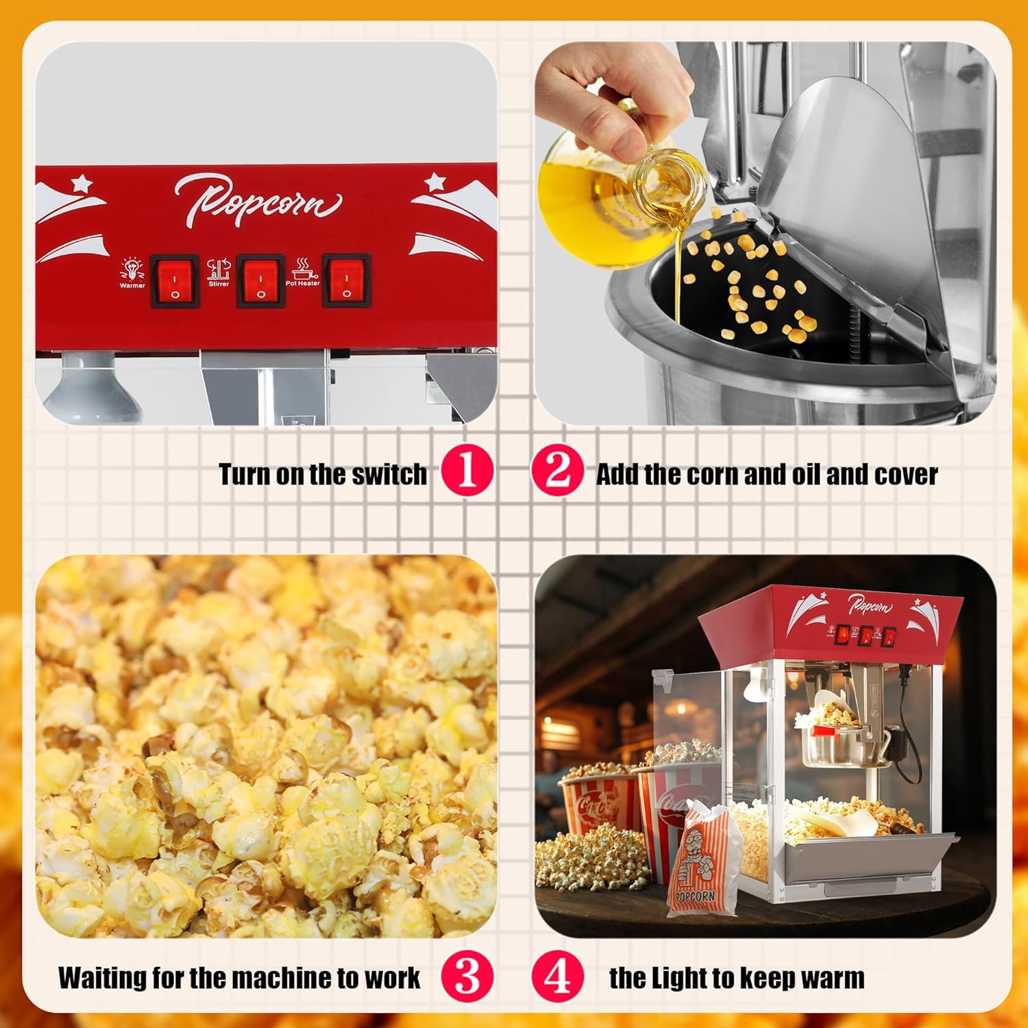 12 Oz Countertop Popcorn Machine (Red) - Retro Style Popcorn Maker - 3 Easy Switches, Make Up to 48-60 Cups for Home Theater, Party, Events