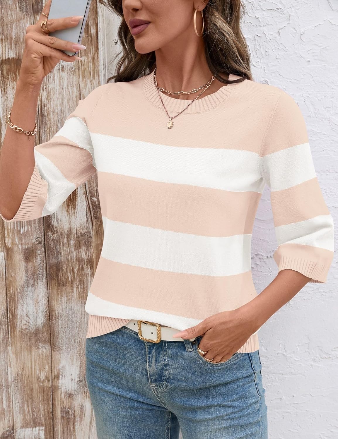 LOMON Womens Sweaters Casual Fall 2025 Crew Neck Striped 3/4 Sleeve Lightweight Knit Trendy Pullover Sweater Tops S-XL - Image 4