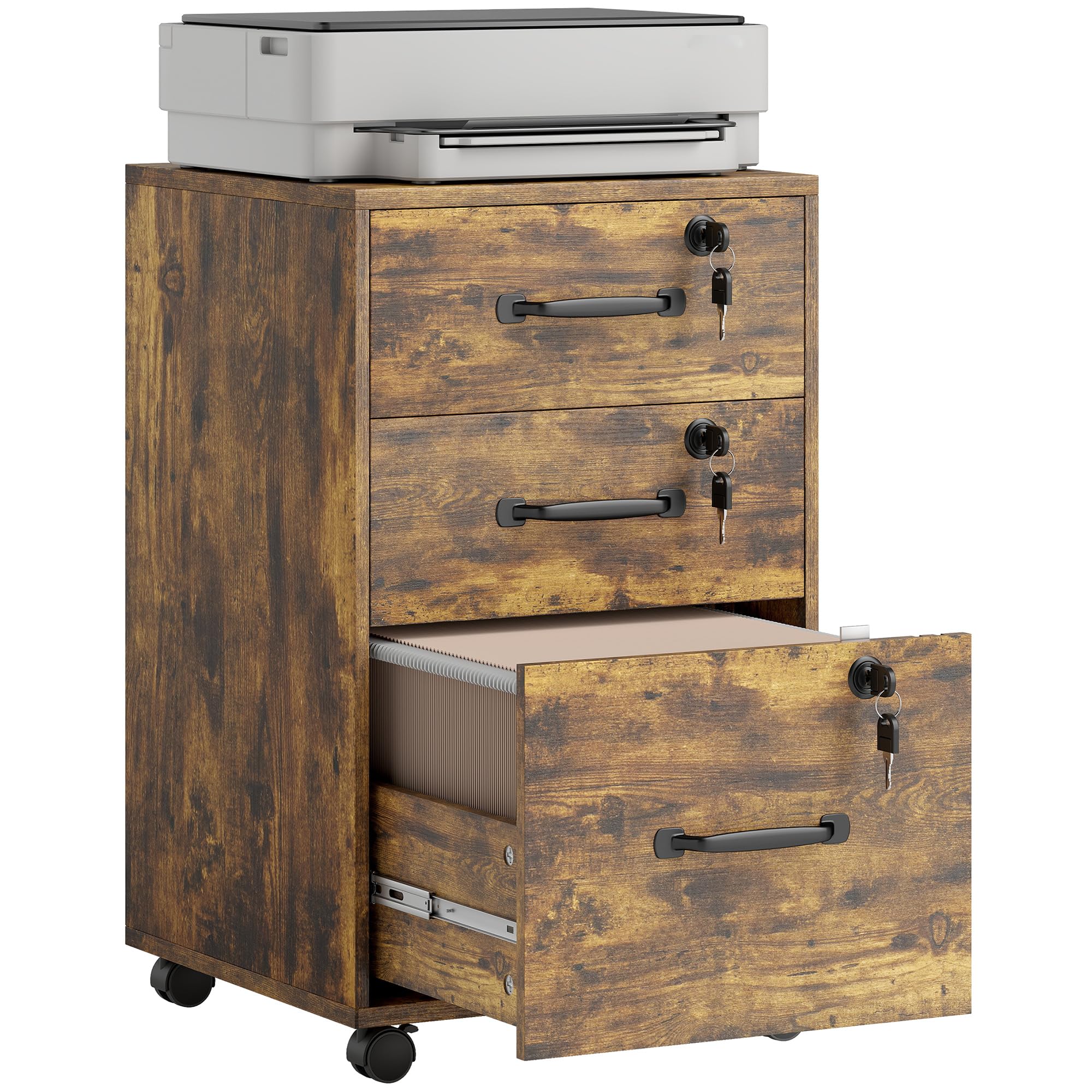 HOMCOM Mobile Filing Cabinet with 3 Drawers, Wheels, Lockable, Rustic Brown