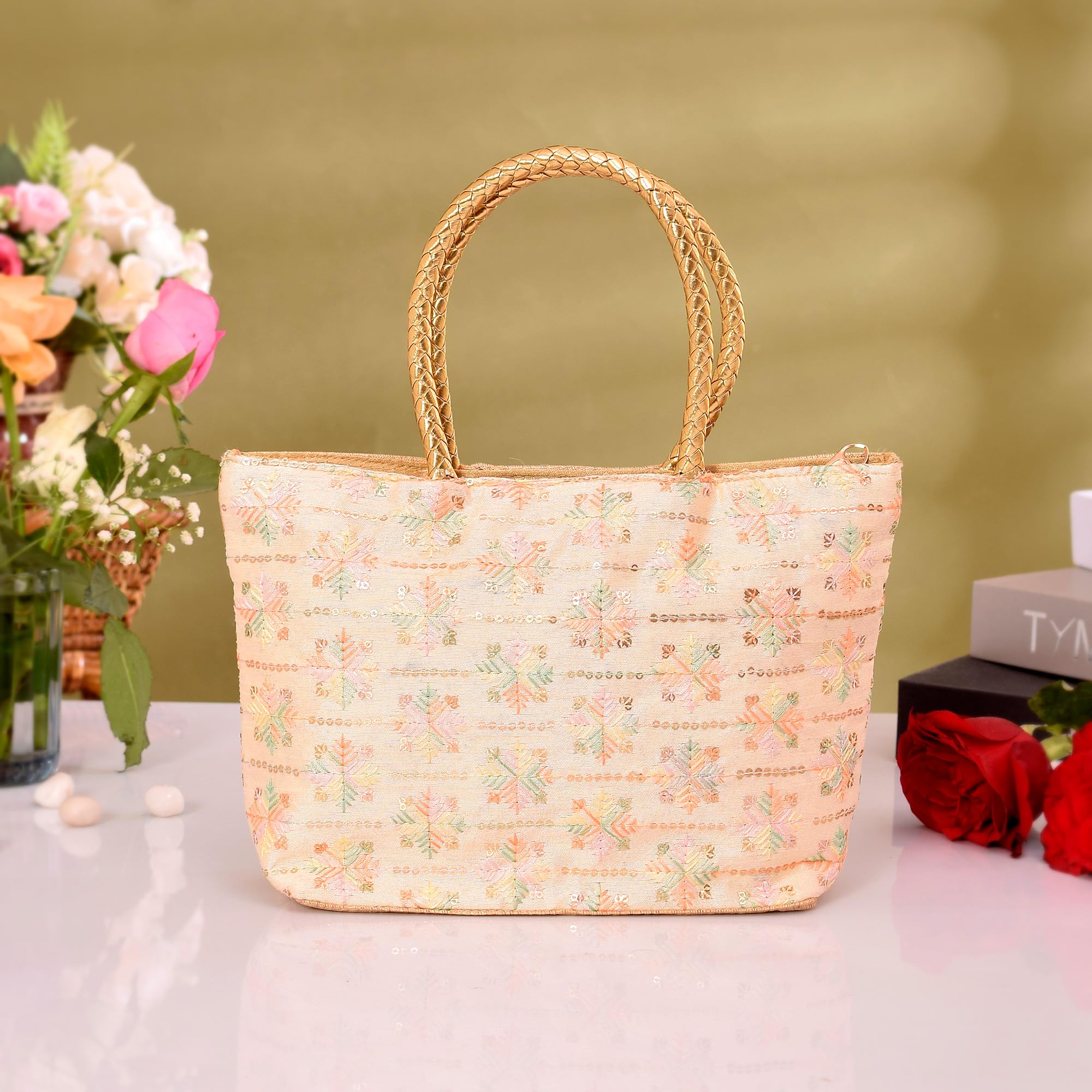 Hand Purse | Traditional Hand Purse | Silk Wallet Hand Bag | Shagun Hand Purse | Gifts Hand Bag | Golden Handle Tote Hand Bag | Embroidery-Hand Purse | Medium | Golden