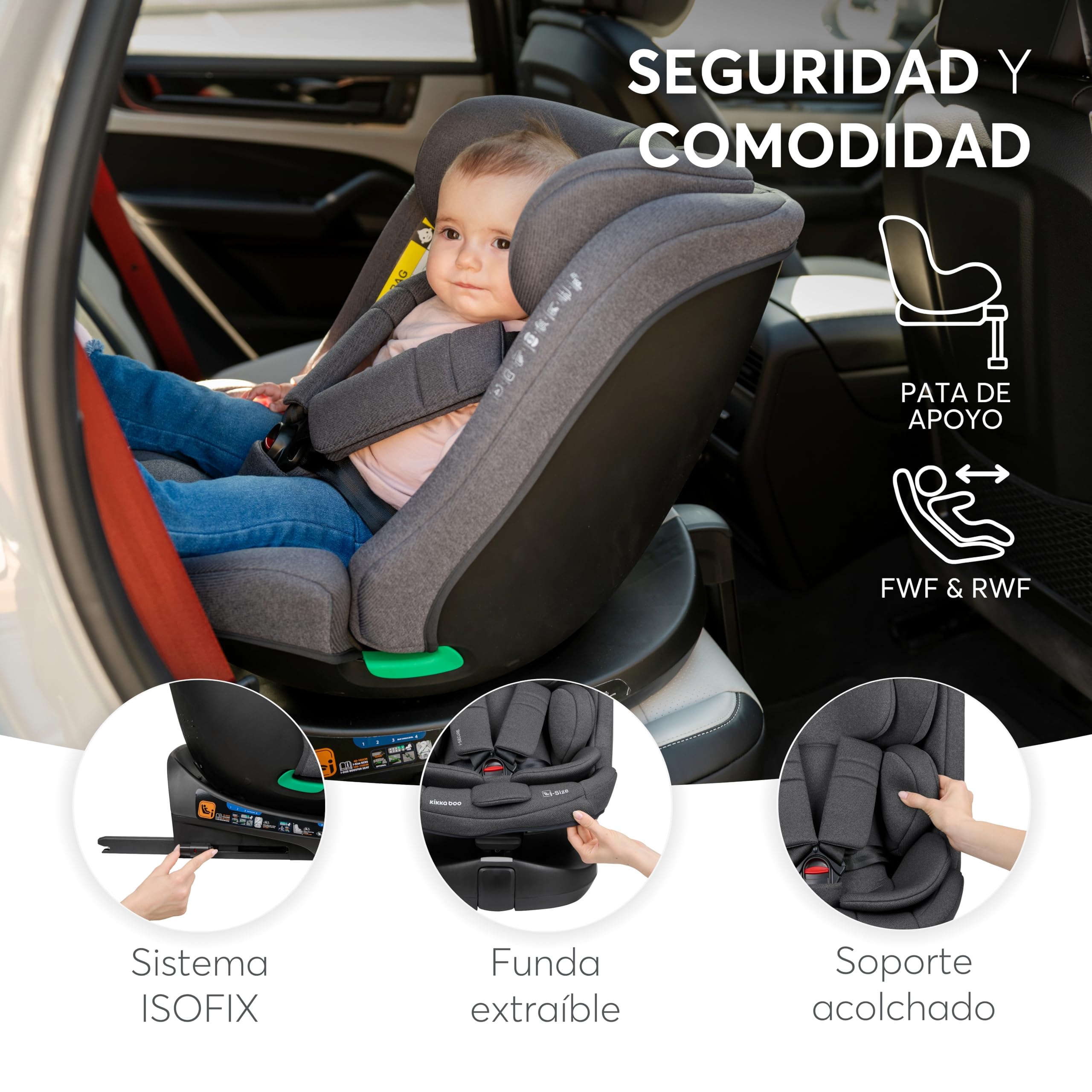 KikkaBoo Silla Coche Bebe Grupo 0 1 2 3 ISOFIX (0-36 kg) i-SECURE, Giratoria 360°, Reclinable, Protección SPS i-Size, Lateral, Arnés de 5 Puntos, 12 Posiciones Reposacabezas, Gris Claro
