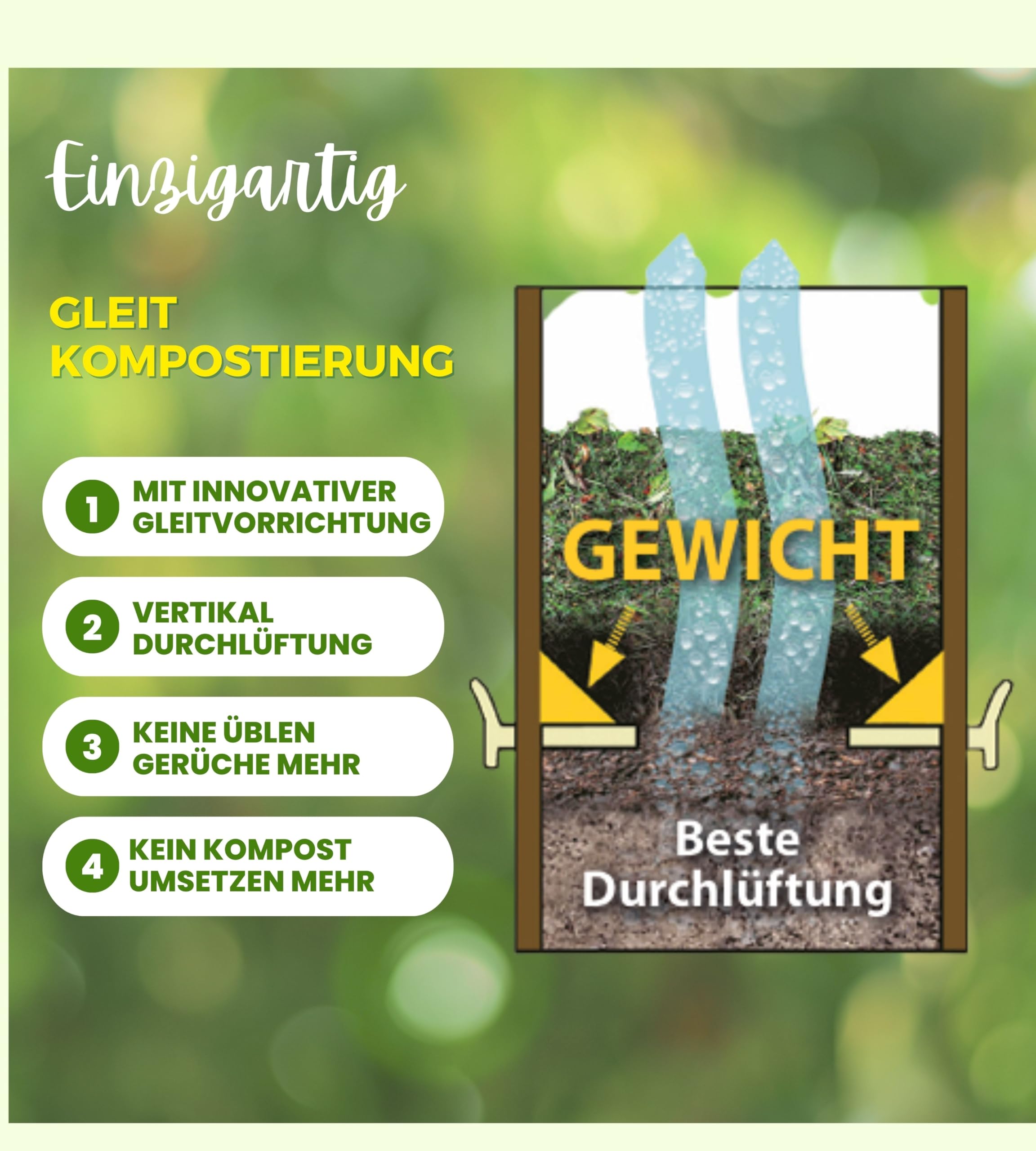Holz Komposter Rattensicher mit Deckel, Schädlingsschutz, Durchlüftungsgitter und Boden, Gleit-Technik Kompostieren ohne üblen Gerüche, kein Umsetzen mehr, 340 L