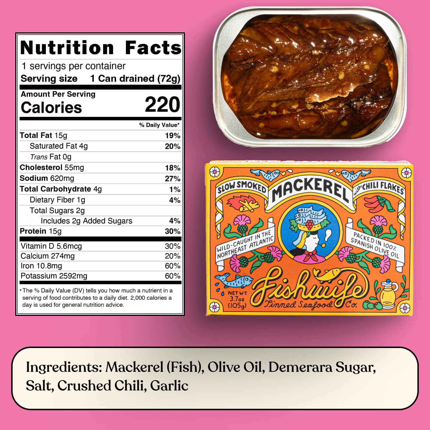 Fishwife Slow Smoked Mackerel 3-Pack (3.7 Ounce) | Wild-Caught & Hand-Packed with Crushed Chilis and Garlic | Gluten Free, Omega-3s & High Protein