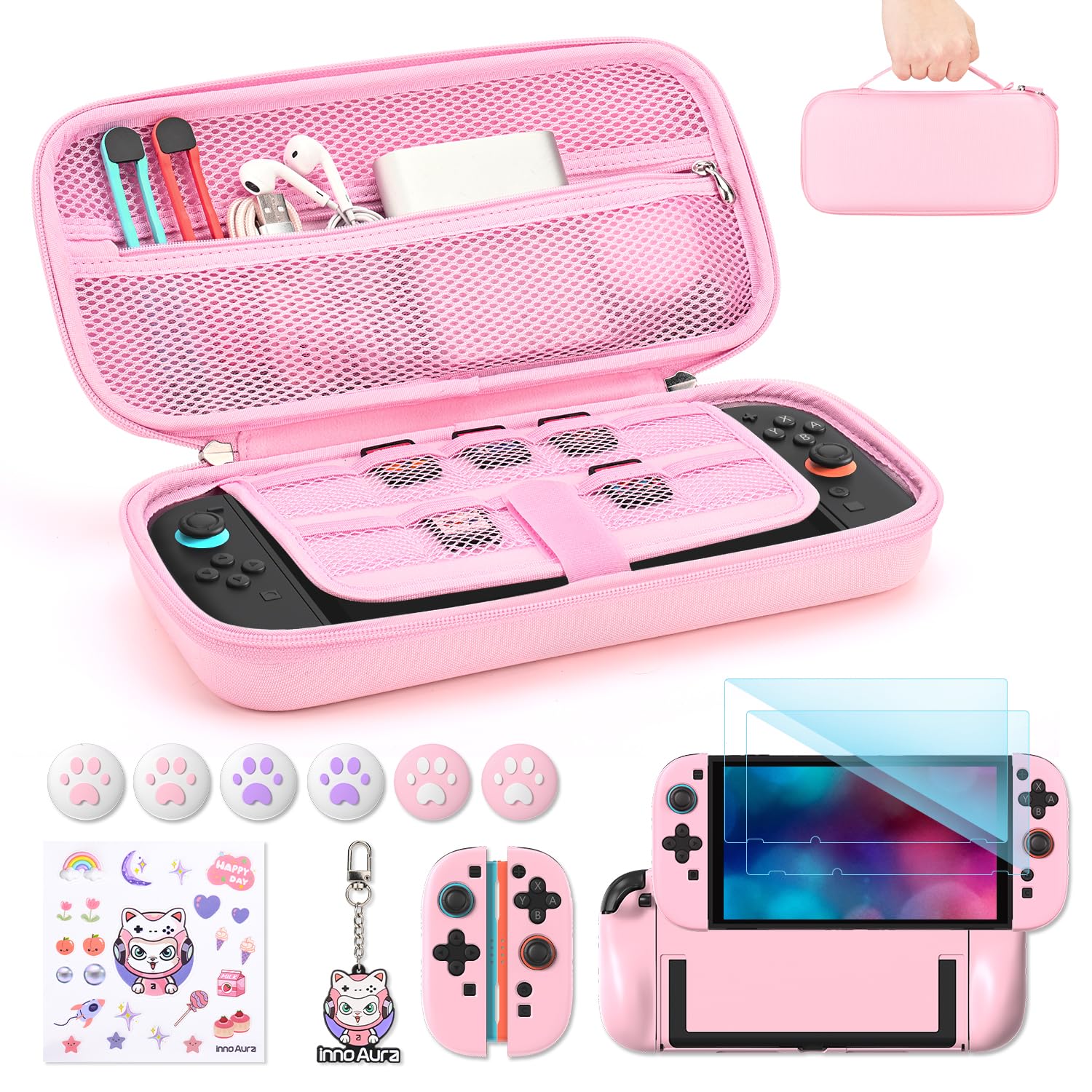 innoAura Switch 2 Case 14-in-1 Bundle for NS Switch 2 (2025), with Carrying Case, Protective Cover, Thumb Grips, Screen Protector, Cute Pendant and Sticker, Pink