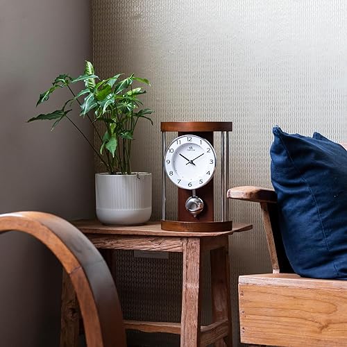 Miniatura 3 de Reloj de repisa clásico para decoración del hogar, péndulo de mesa de boj con marco hueco de mediados de siglo para el hogar, oficina, chimenea