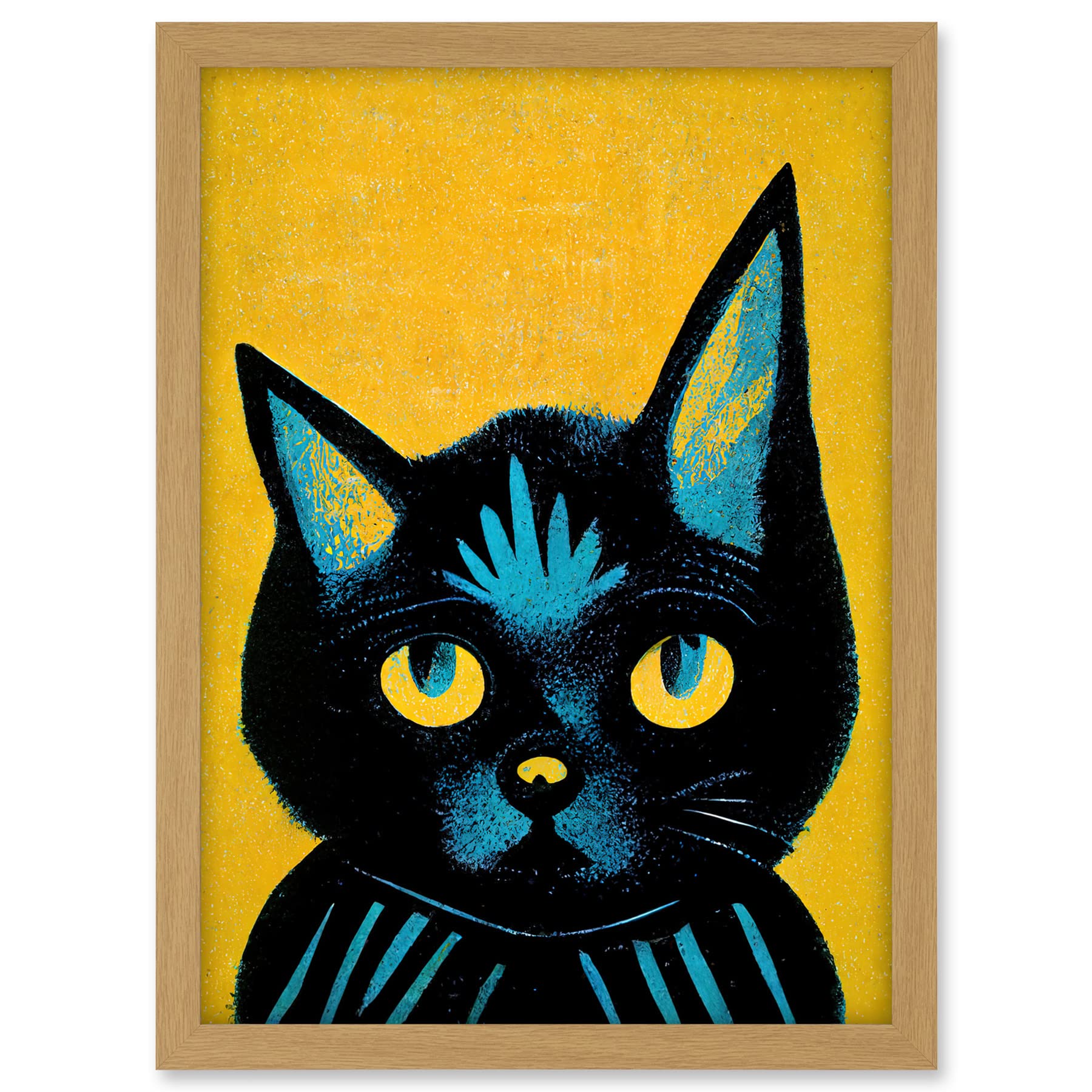 Wee Blue Coo Quirky Bold Black Cat Yellow Blue Artwork Framed A3 Wall Art Print