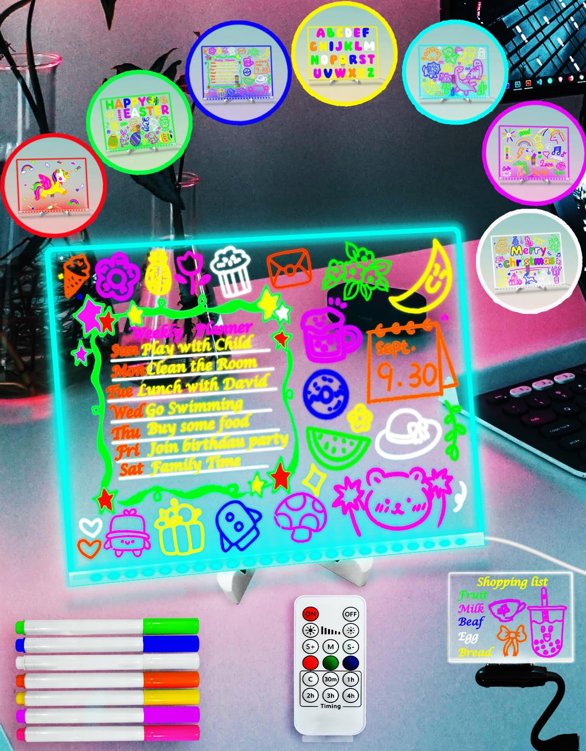 Fanrui LED-beleuchtetes Whiteboard, 40 x 30 cm, Fernbedienung, 7 Farbwechsel, Timer und Dimmer, trocken abwischbares Zeichenbrett für Kinder, leuchtender Memo-Planer für Büro, Schule, Zuhause