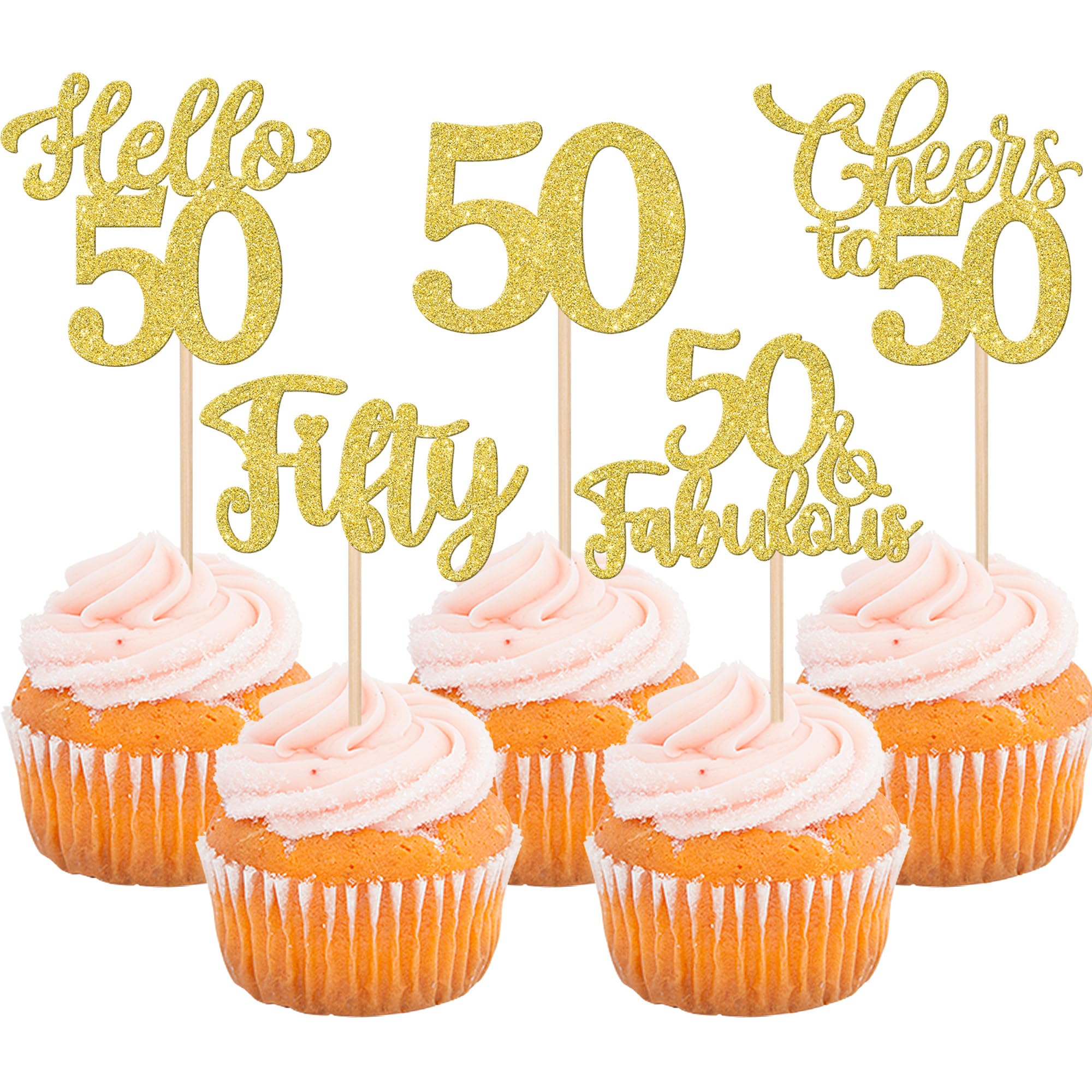 Xsstarmi 30 Pack Happy 50th Birthday Cupcake Toppers Gold Glitter Hello 50 Fabulous Fifty Birthday Cupcake Picks Cheers to 50 Years Cake Decorations for Happy 50th Birthday Party Supplies