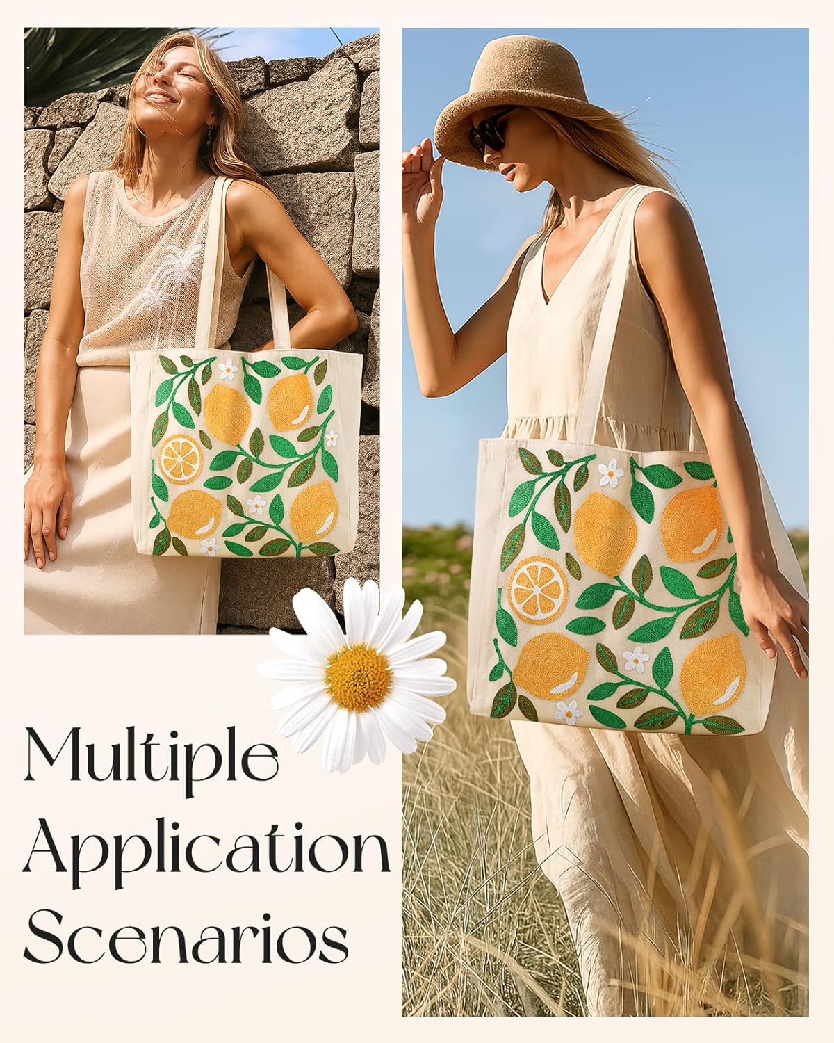 Embroidery Tote Bag with Pocket & Buckle - Reusable Canvas Tote for Women Cute Aesthetic Work Shopping Grocery Bag - Image 6