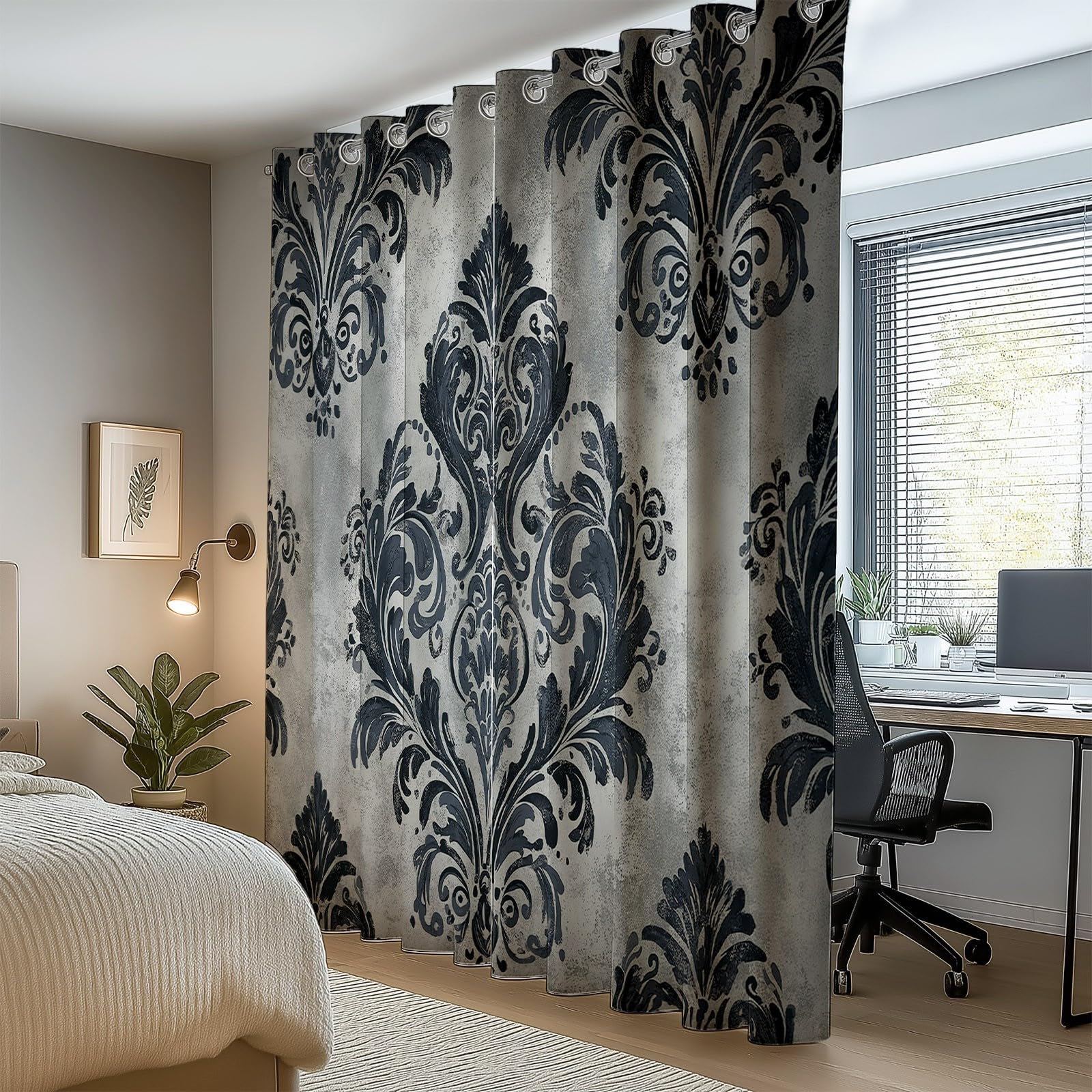Cortinas Salon Opacas con Estampado Clásico Planta Hojas Cortina con Ojales, 140An x 260Al cm (2 Paneles) Cortinas Termicas Aislantes Frio Y Calor, para Habitacion Sala Comedor, Gris Carbón Blanco