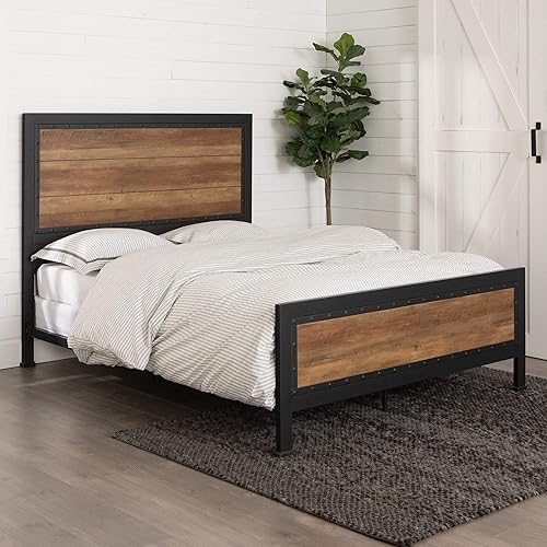 Walker Edison Cabecera de cama de metal y madera rústica tamaño Queen, marco de cama para dormitorio, Queen, madera recuperada