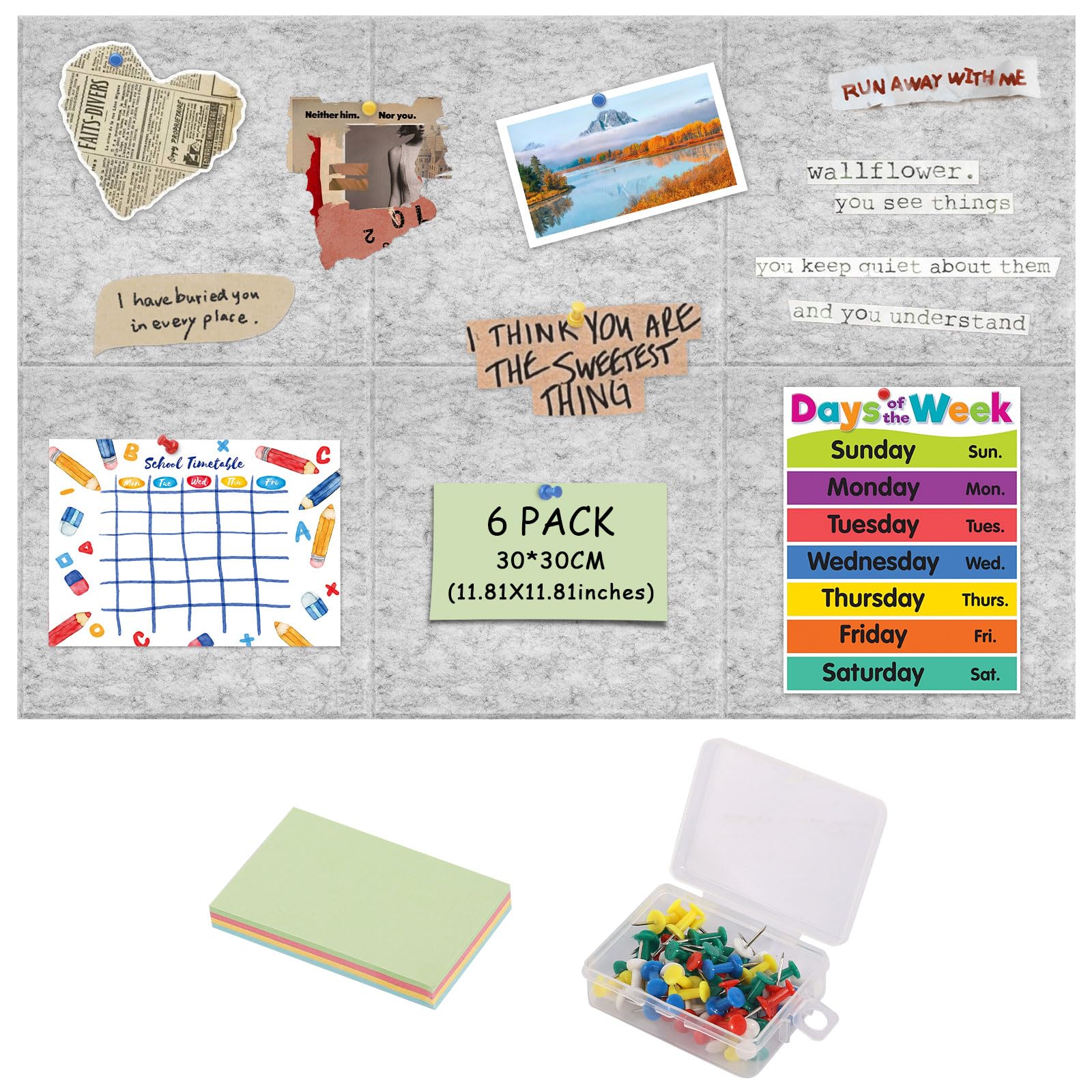 Pin Board Bulletin Board 6 Pcs Felt Board with 100 Pins and Post-It Notes Self Adhesive Notice Board Decorative Cork Board Photo Display Boards for Photo DIY Memo Display (30x30 cm)